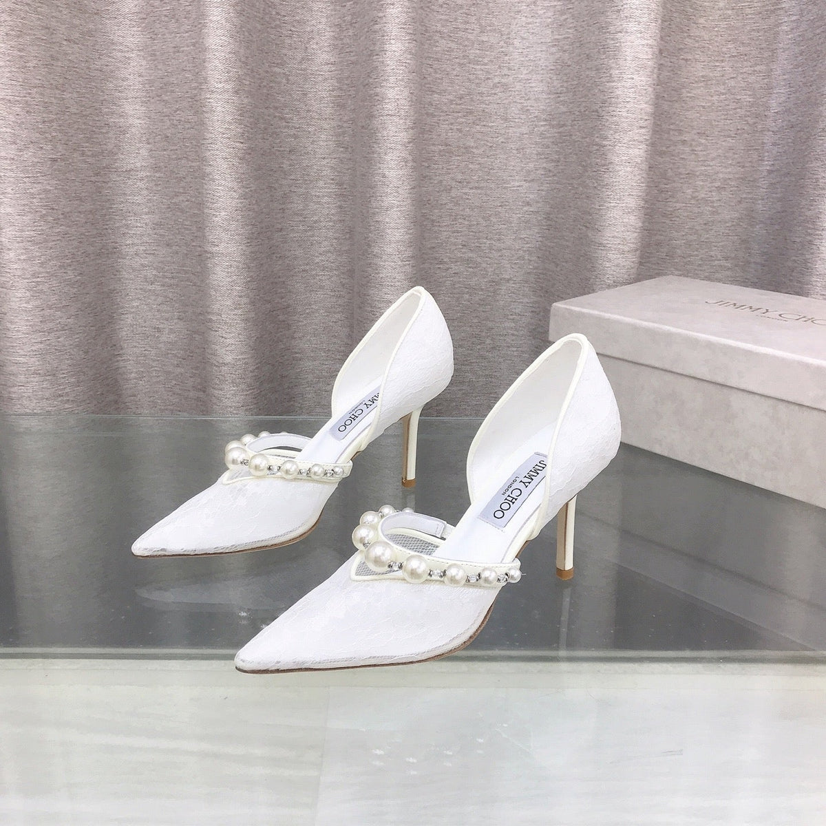 Jimmy Choo 26S High Heels 8.5cm White Lace Pearl-Embellished 395174
