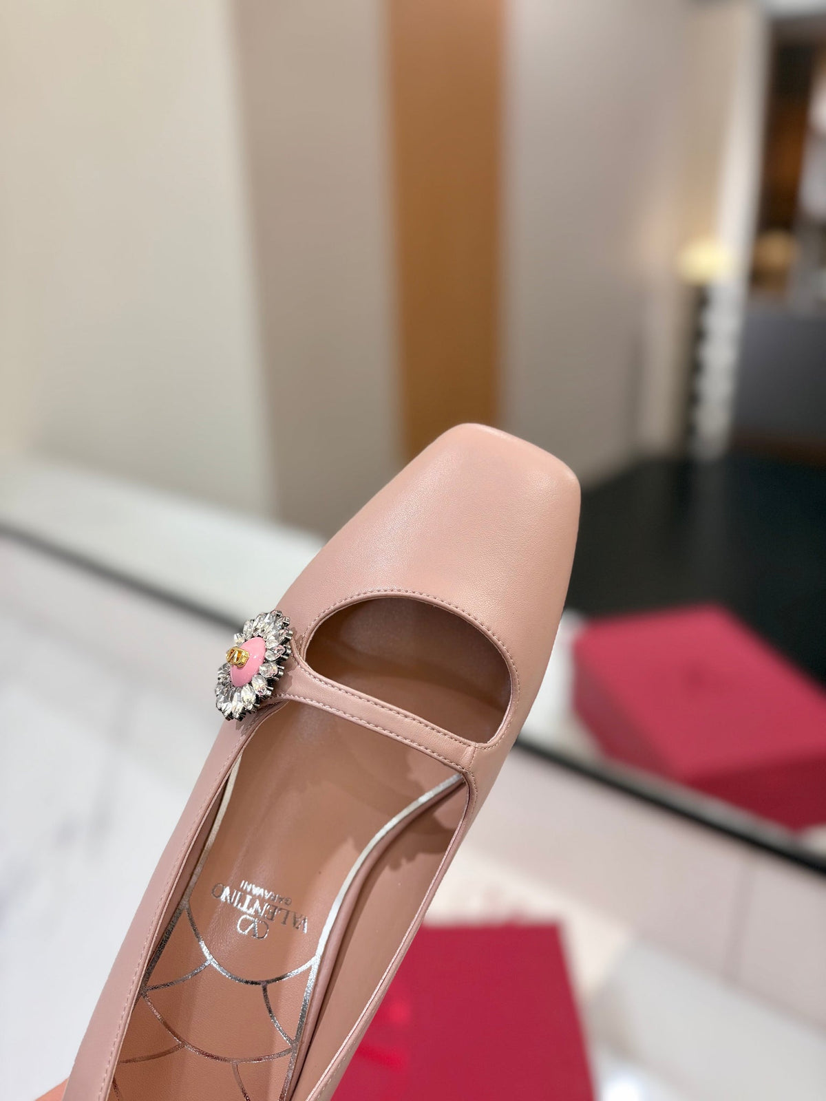 VLTN 26s Mary Jane Flats In Nude Pink Calfskin With Crystal Flower