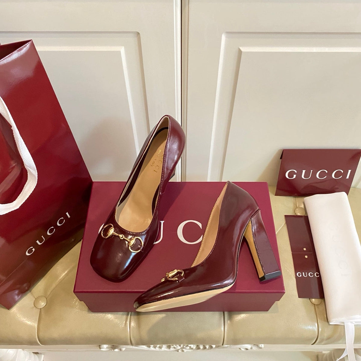 Gucci 26s Horsebit Mid-Heel Pumps 10cm Dark Red Calfskin