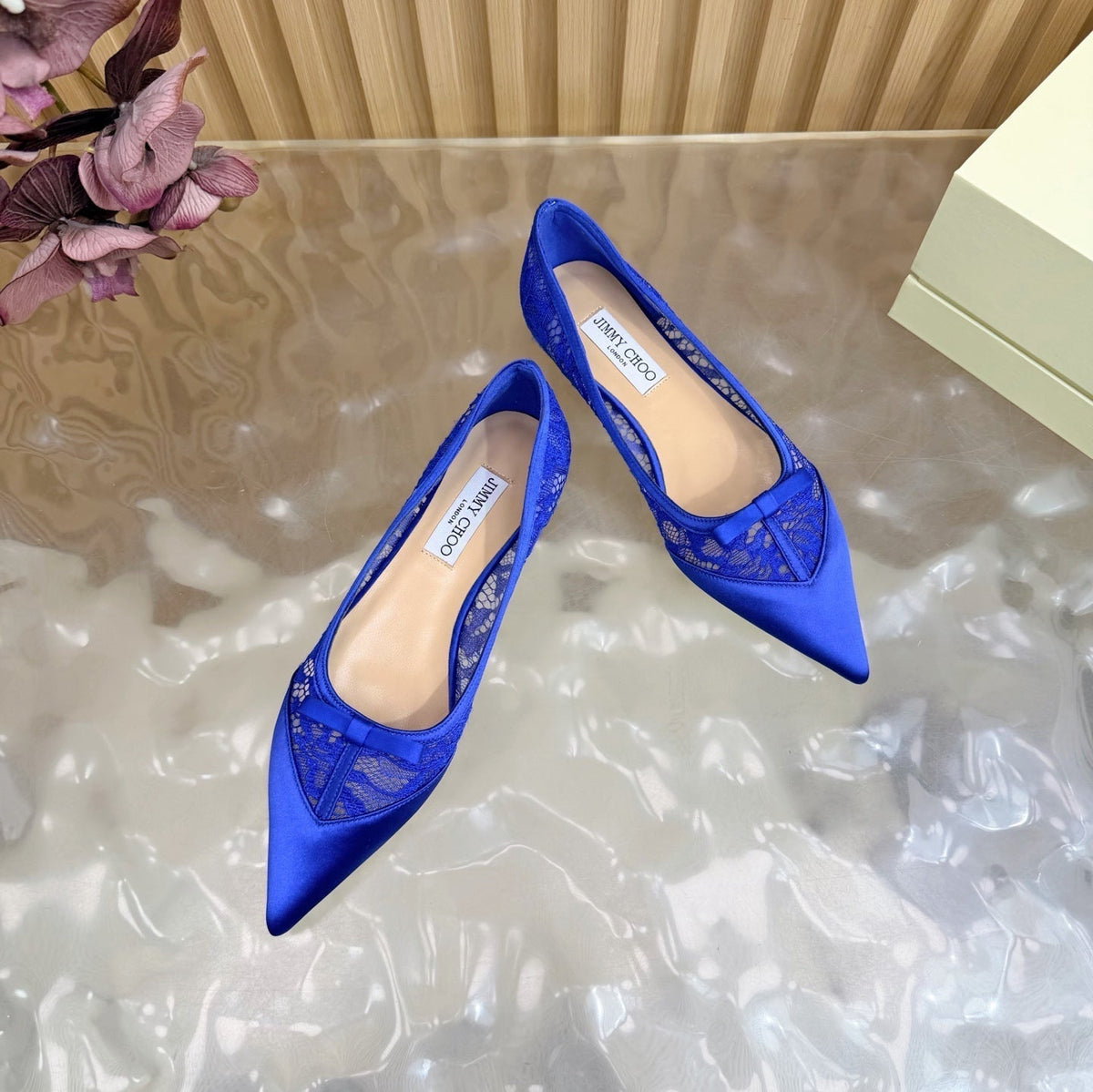 Jimmy Choo 26S Flats Dark Blue Lace And Satin 735219