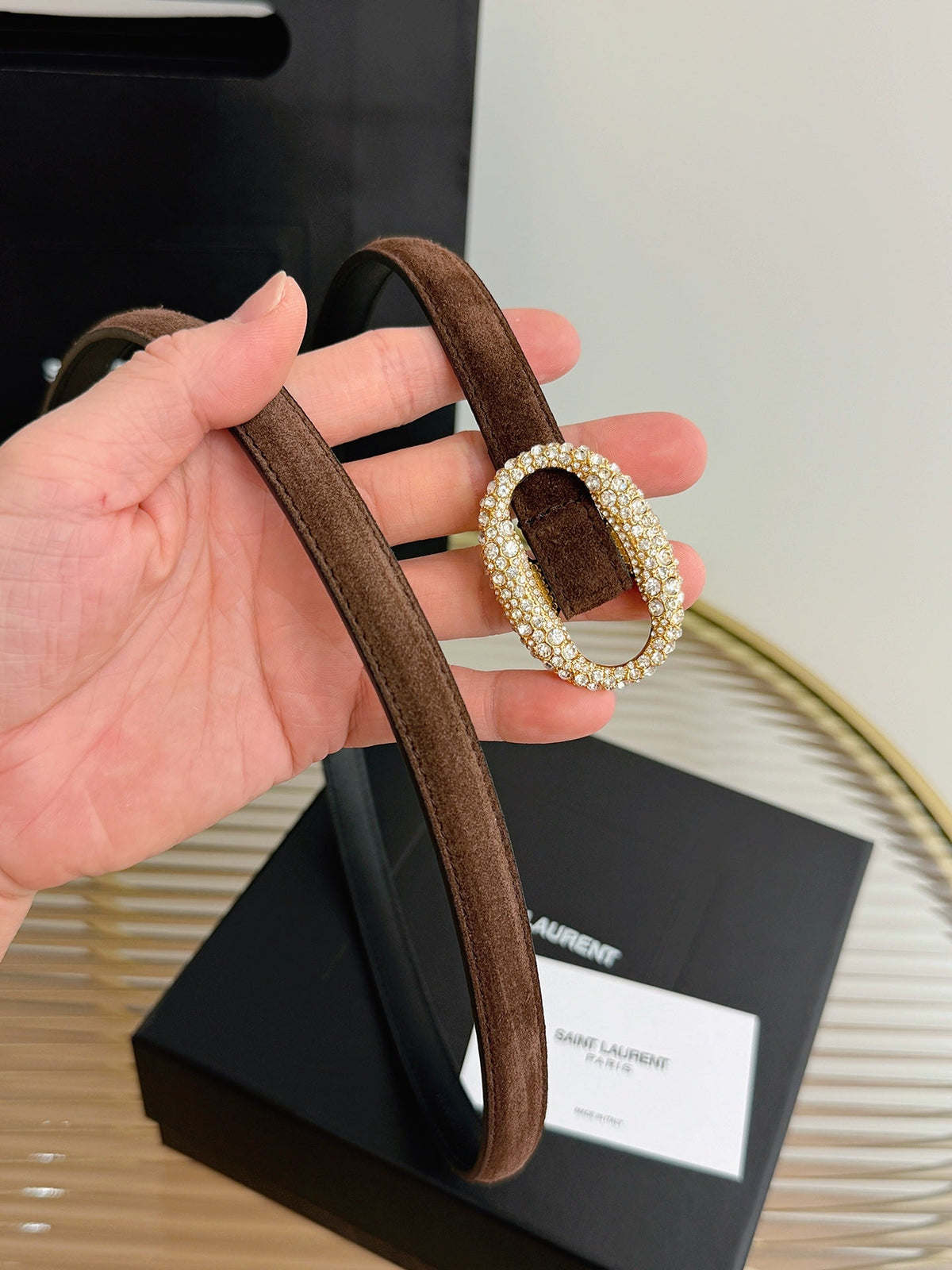 Saint Laurent 2026 Oval Belt 15mm Brown Suede 219134