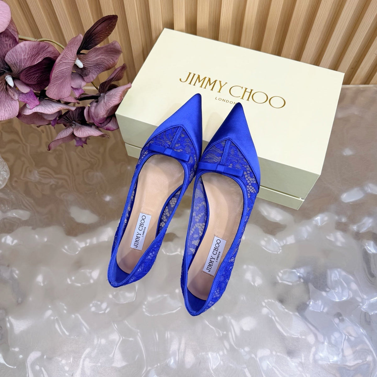Jimmy Choo 26S Flats Dark Blue Lace And Satin 735219