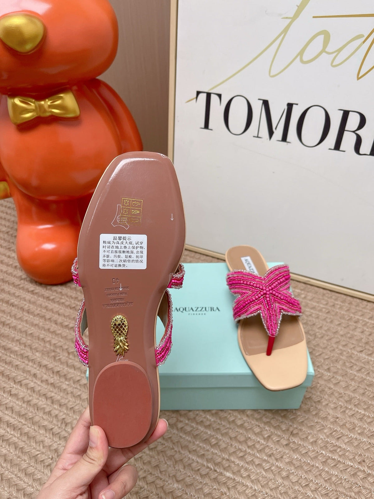 Aquazzura 26s Starfish Beaded Thong Sandals Pink And Beige Lambskin 482017