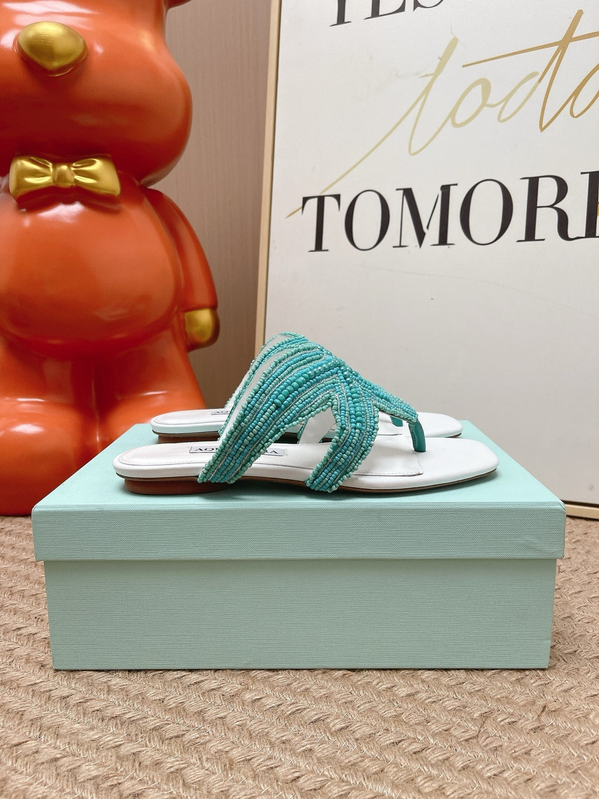 Aquazzura 26s Starfish Beaded Thong Sandals White & Turquoise Lambskin 174952