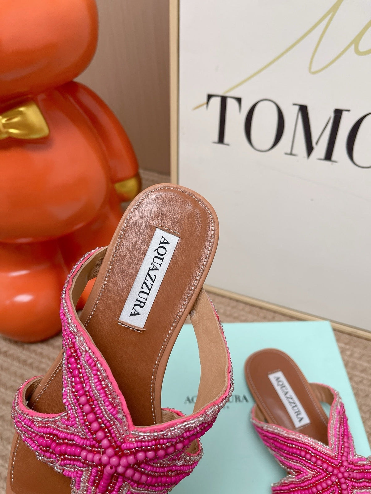 Aquazzura 26s Starfish Beaded Thong Sandals Pink And Brown Lambskin 839205