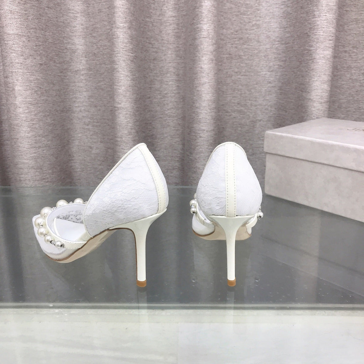 Jimmy Choo 26S High Heels 8.5cm White Lace Pearl-Embellished 395174