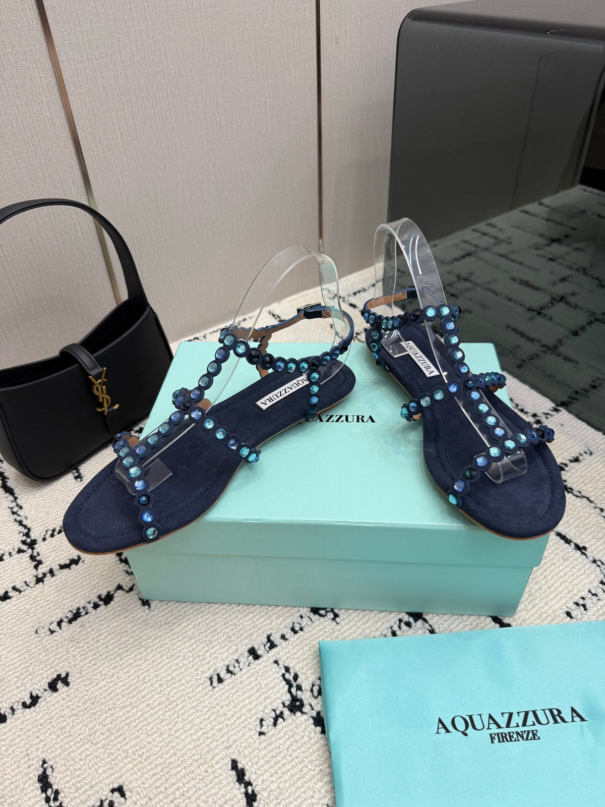 Aquazzura 26s Flat Sandals Navy Blue Suede Crystal-Embellished 610482