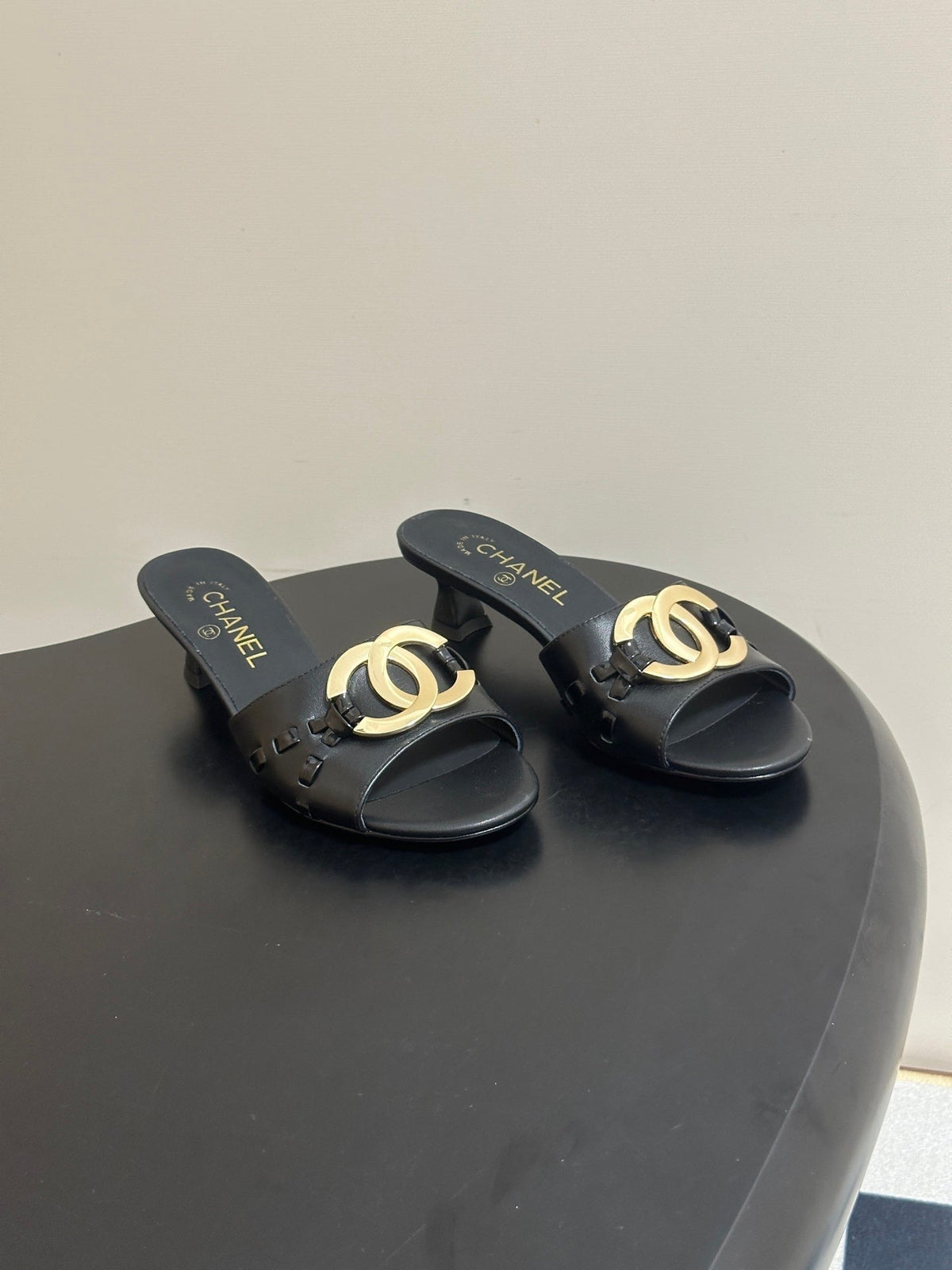 CC 26S High Heel Mule in Black Lambskin with Gold-Tone CC Logo