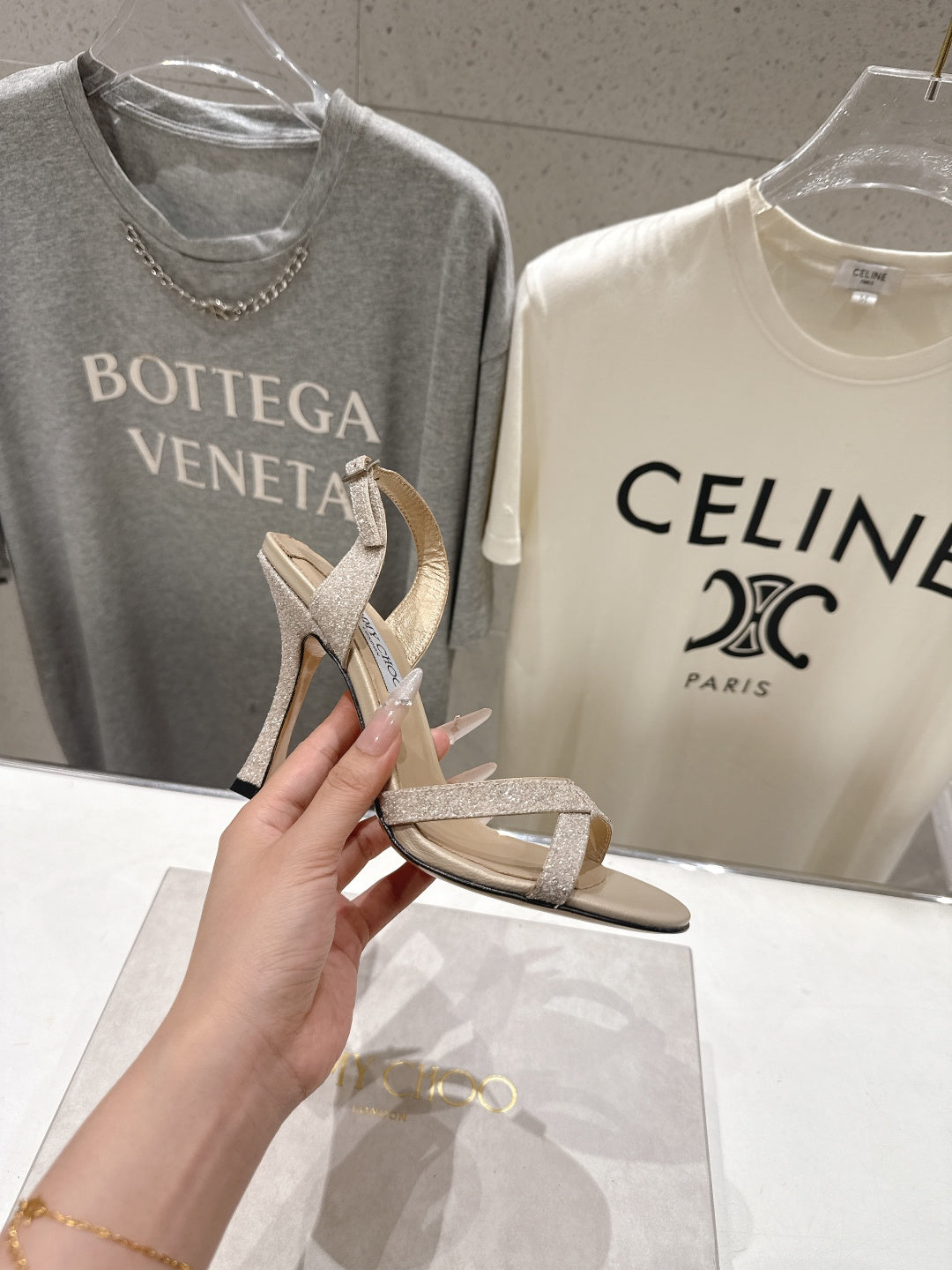 Jimmy Choo 26S High-Heeled Sandals 10.0cm Light Beige Glitter Fabric 618439