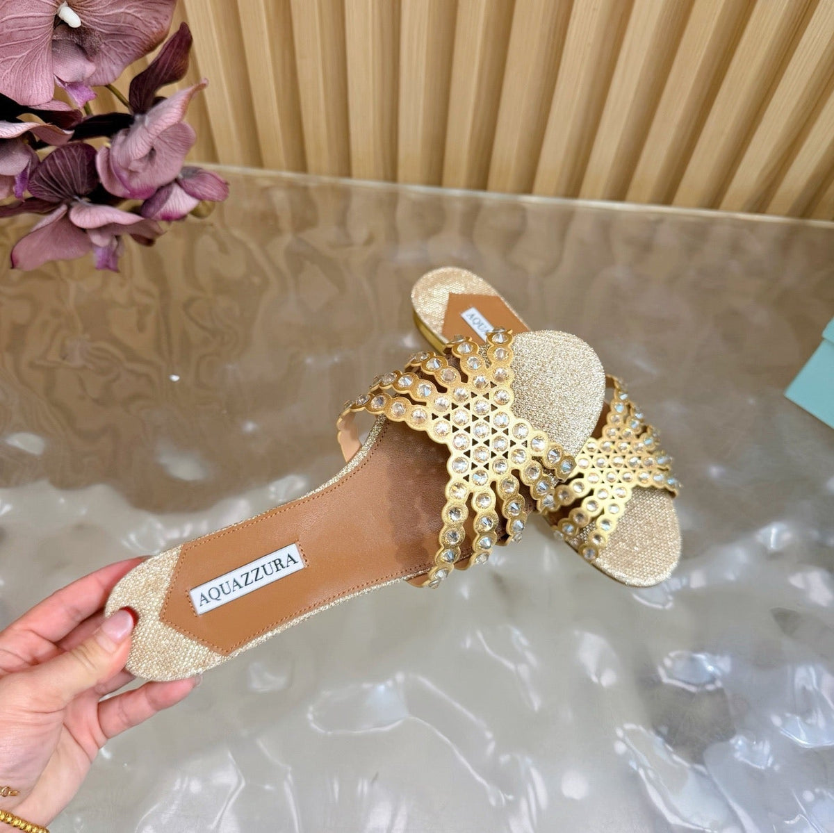 Aquazzura 26s Slides Beige Lurex Fabric 491028