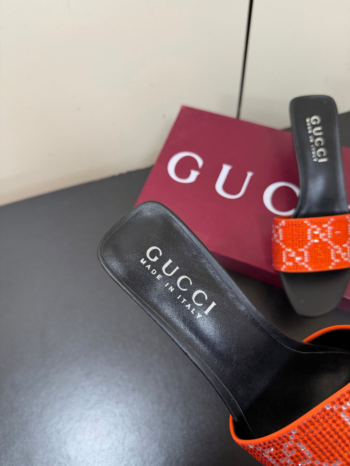 Gucci 26s Mule Sandals 8.5cm Orange Satin Crystal GG