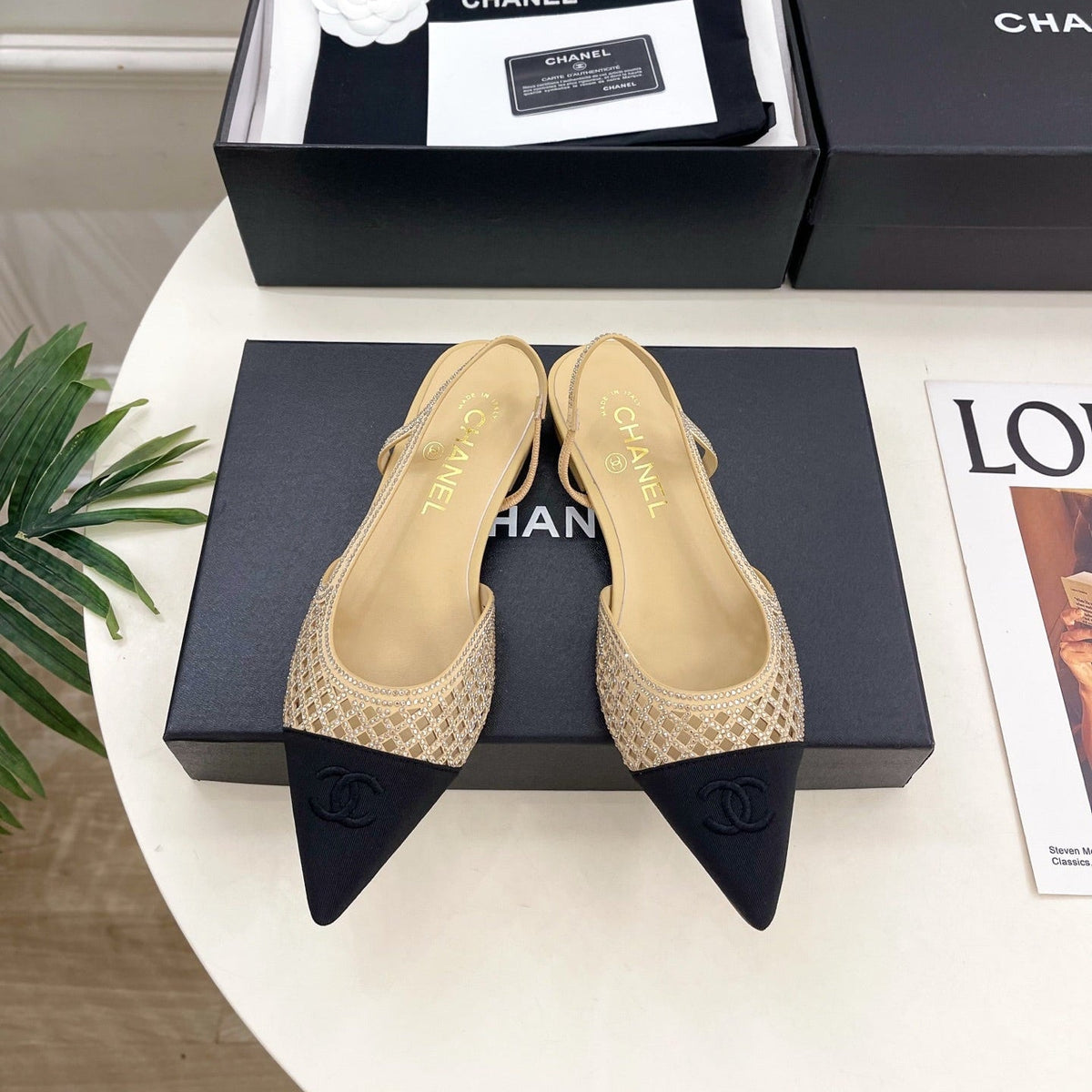 Chanel 26s Flat Pointed Toe Slingback Beige Mesh Black Toe Cap