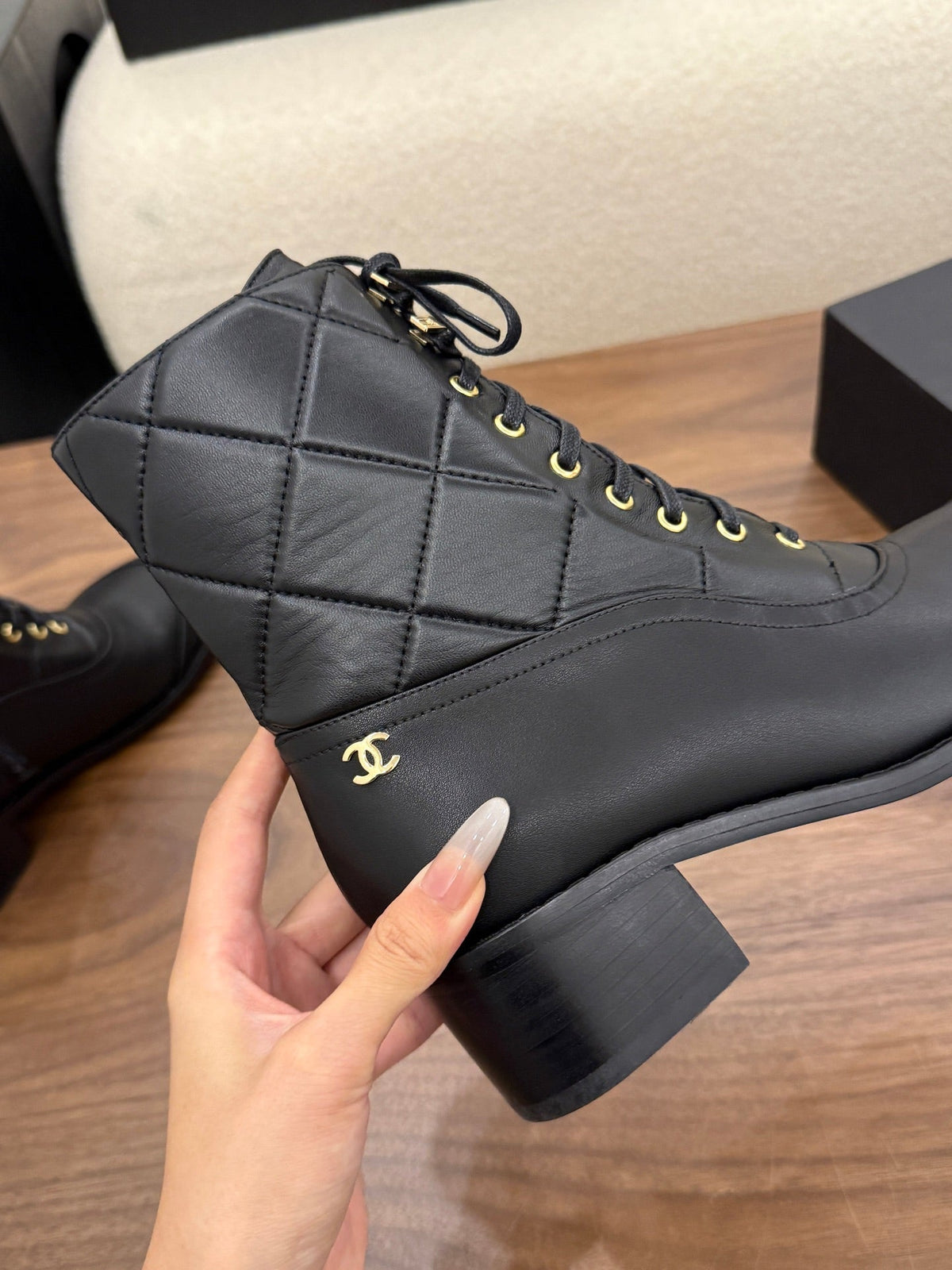 Chanel 26s Lace Up High Top Boots 4.5 Cm Black Calfskin