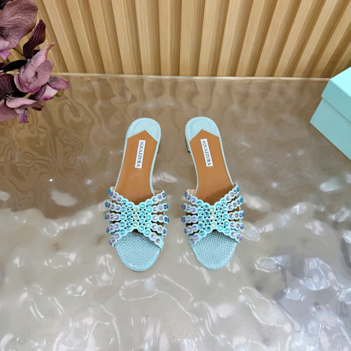 Aquazzura 26s Slides Light Blue Snakeskin Embossed Leather 482015