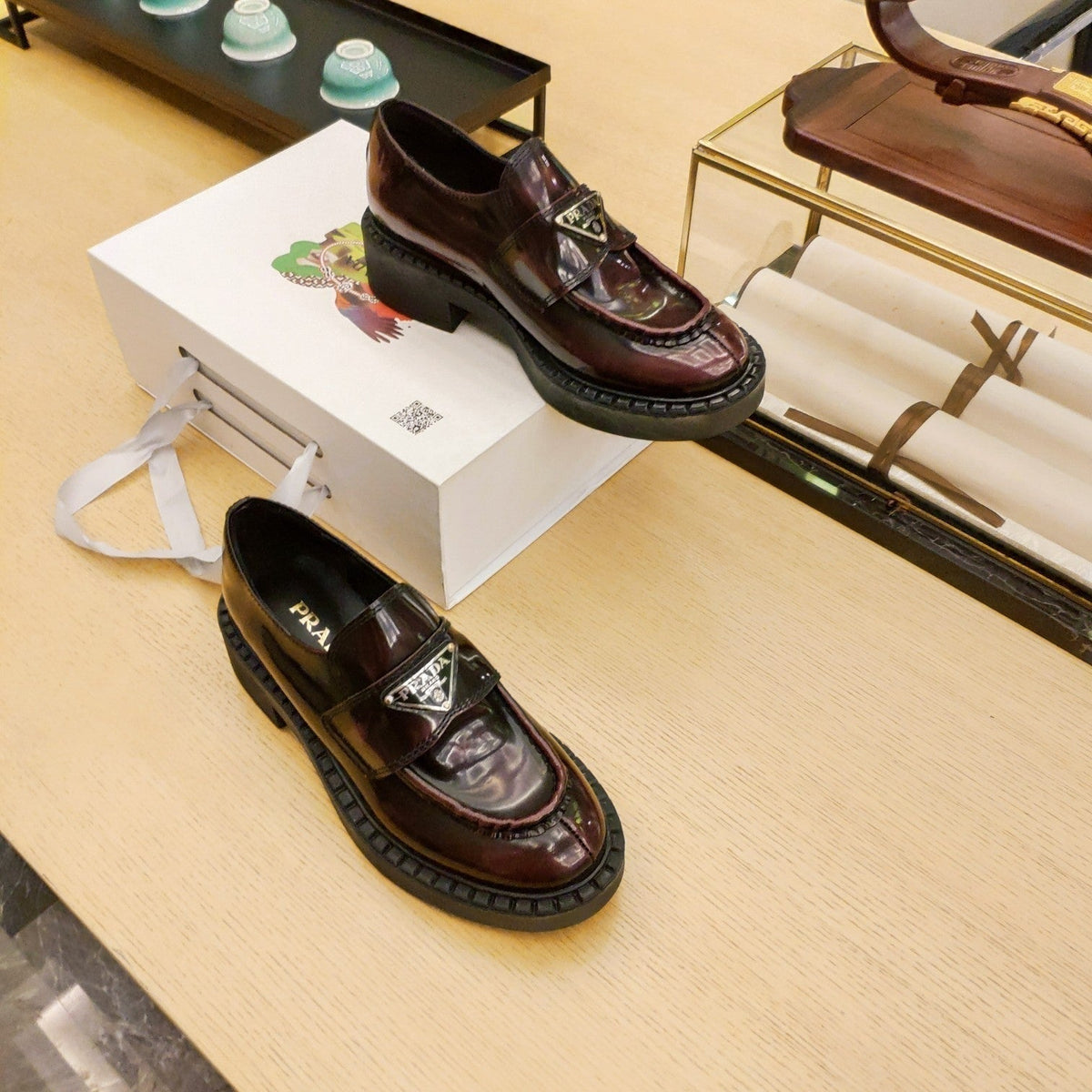 Prada 26S Penny Loafers 55mm Burgundy Red Patent Calfskin