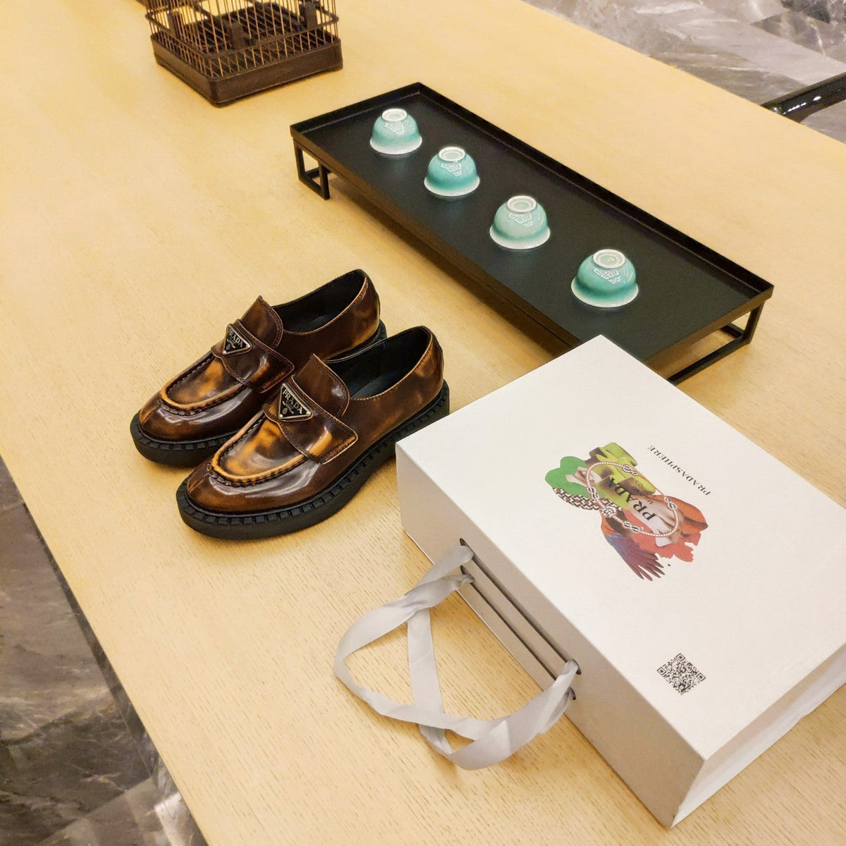 Prada 26S Penny Loafers 55mm Brown Patent Calfskin