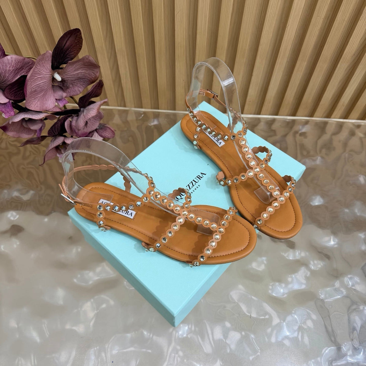 Aquazzura 26s Flat Sandals Light Brown Calfskin Crystal Embellished 481057