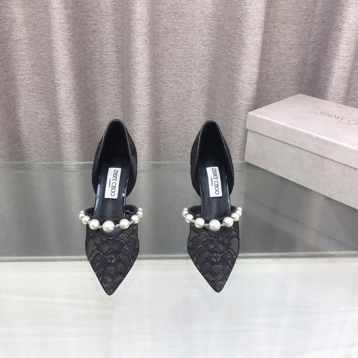 Jimmy Choo 26S High Heels 8.5cm Black Lace Pearl-Embellished 824195