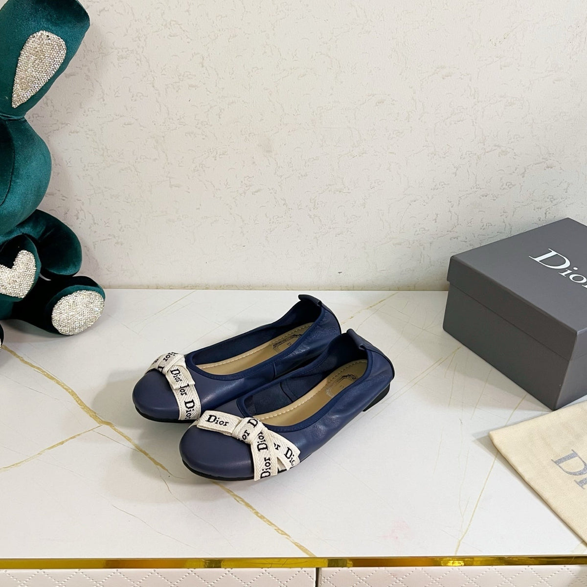 Dior 26s Bow Ballet Flats Navy Blue Calfskin