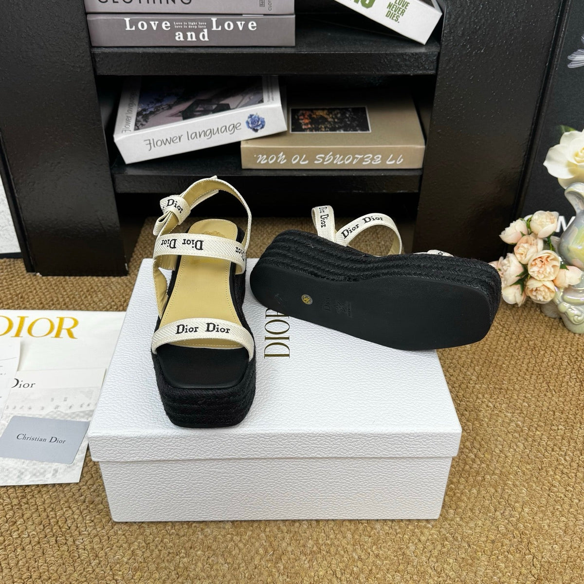 Dior 26s Espadrille Wedge Sandal Black Canvas Calfskin