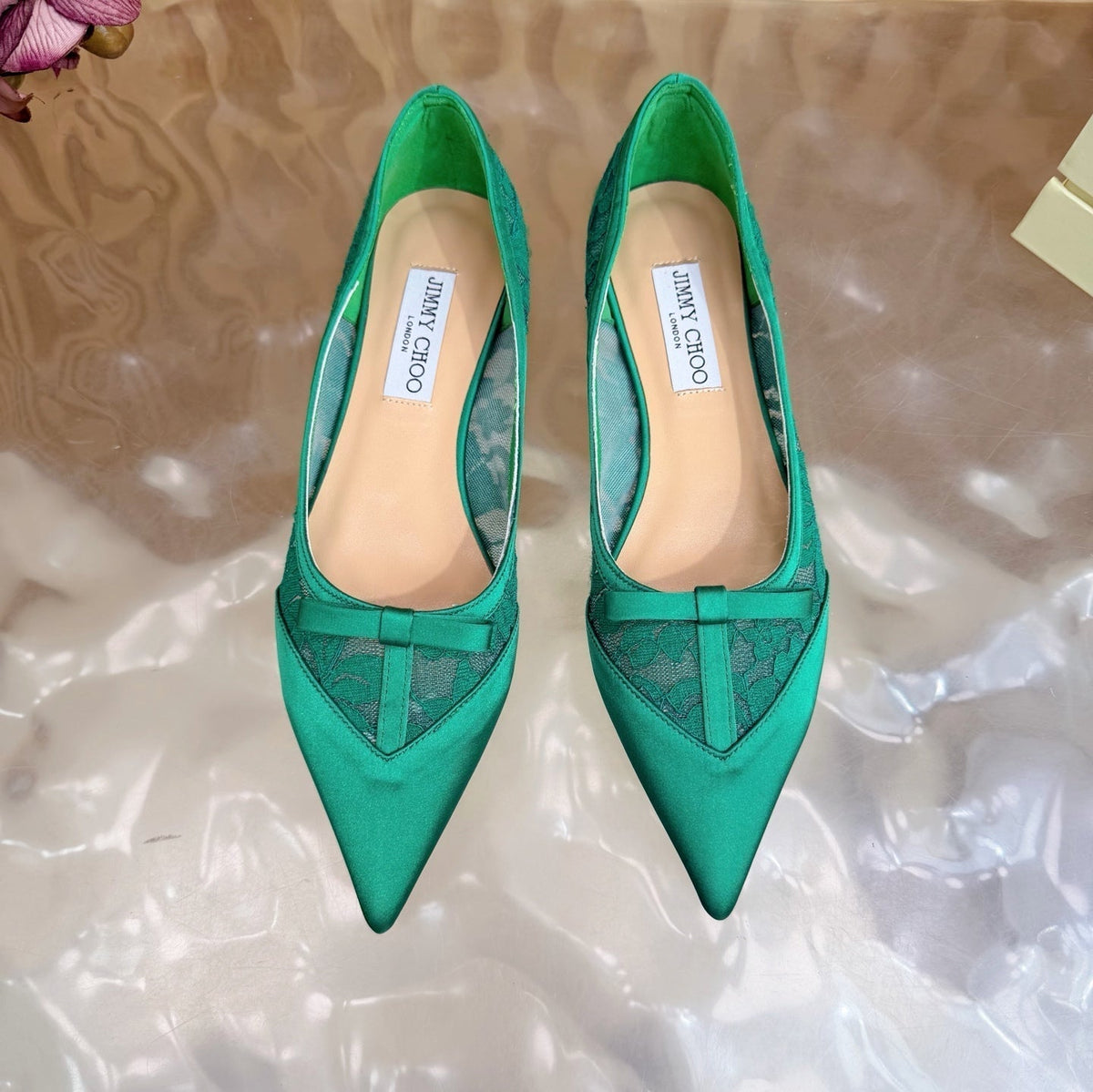 Jimmy Choo 26S Flats Green Lace And Satin 571492