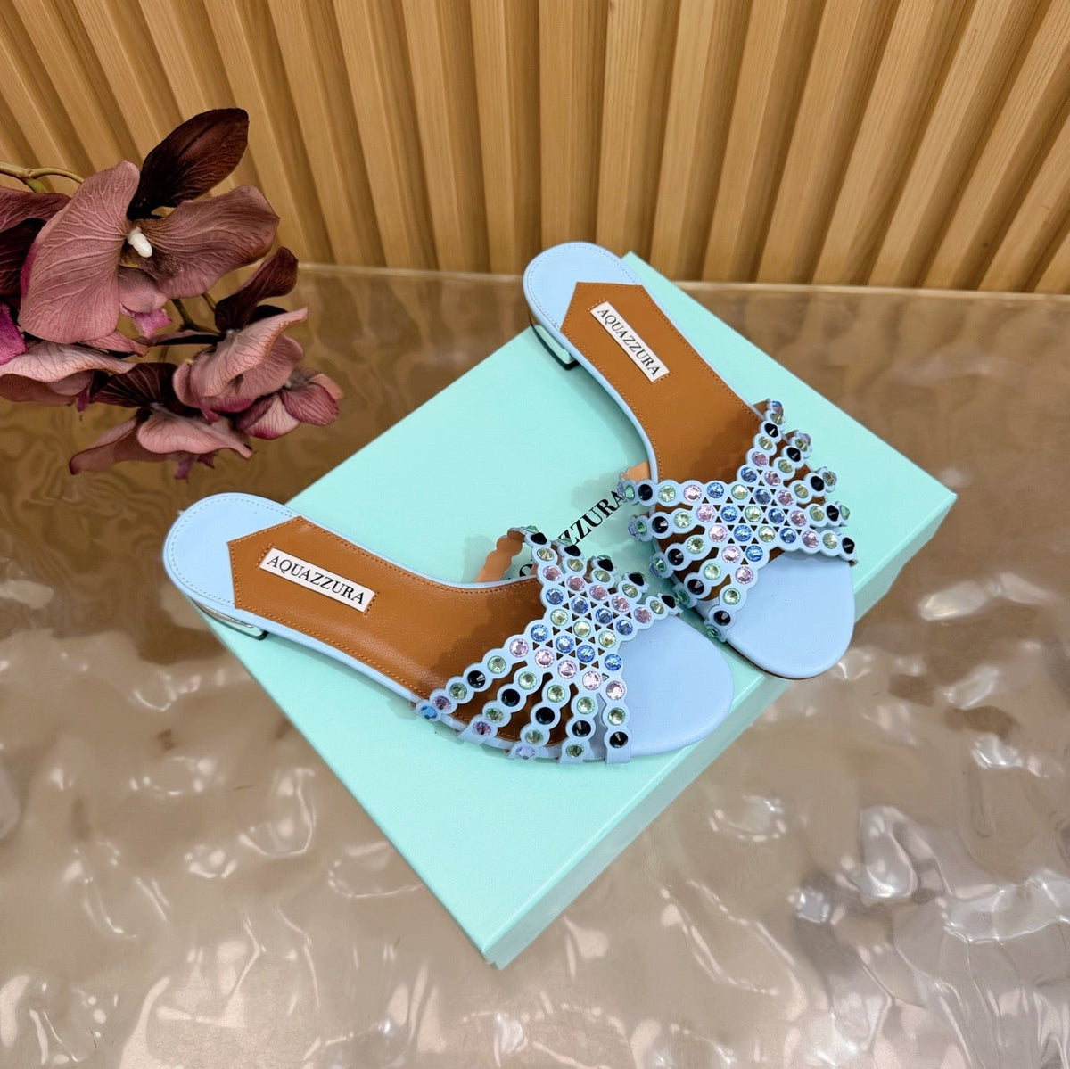 Aquazzura 26s Slides Sky Blue Calfskin Crystal-Embellished Straps 714953