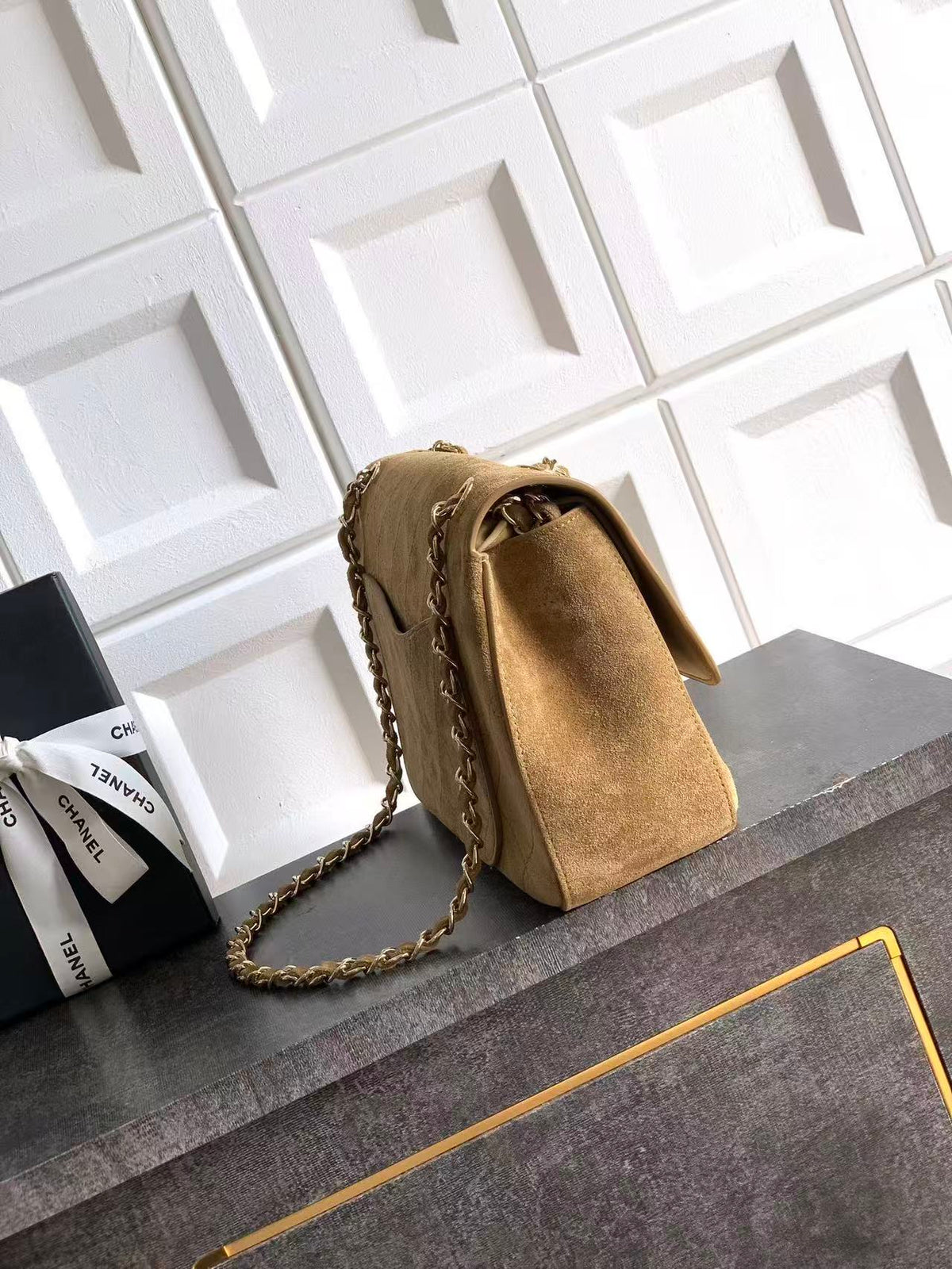 Chanel Maxi Flap Bag 32cm Beige Suede Leather