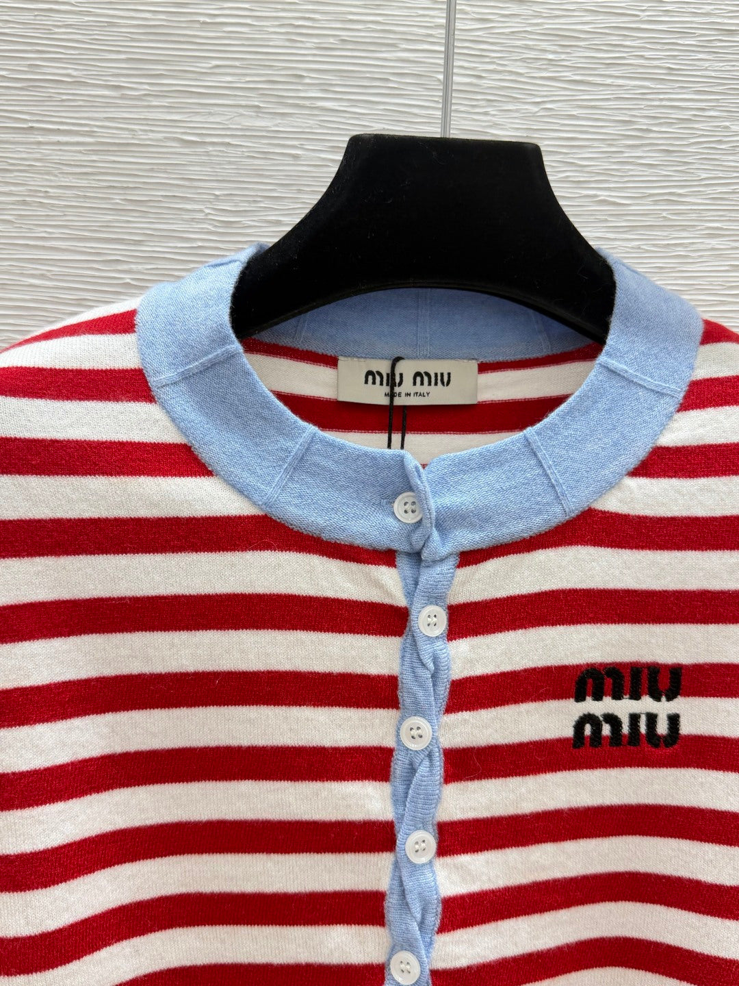 Miu 26FW Striped Knit Cardigan Light Blue Collar and Button Trim Wool 313374