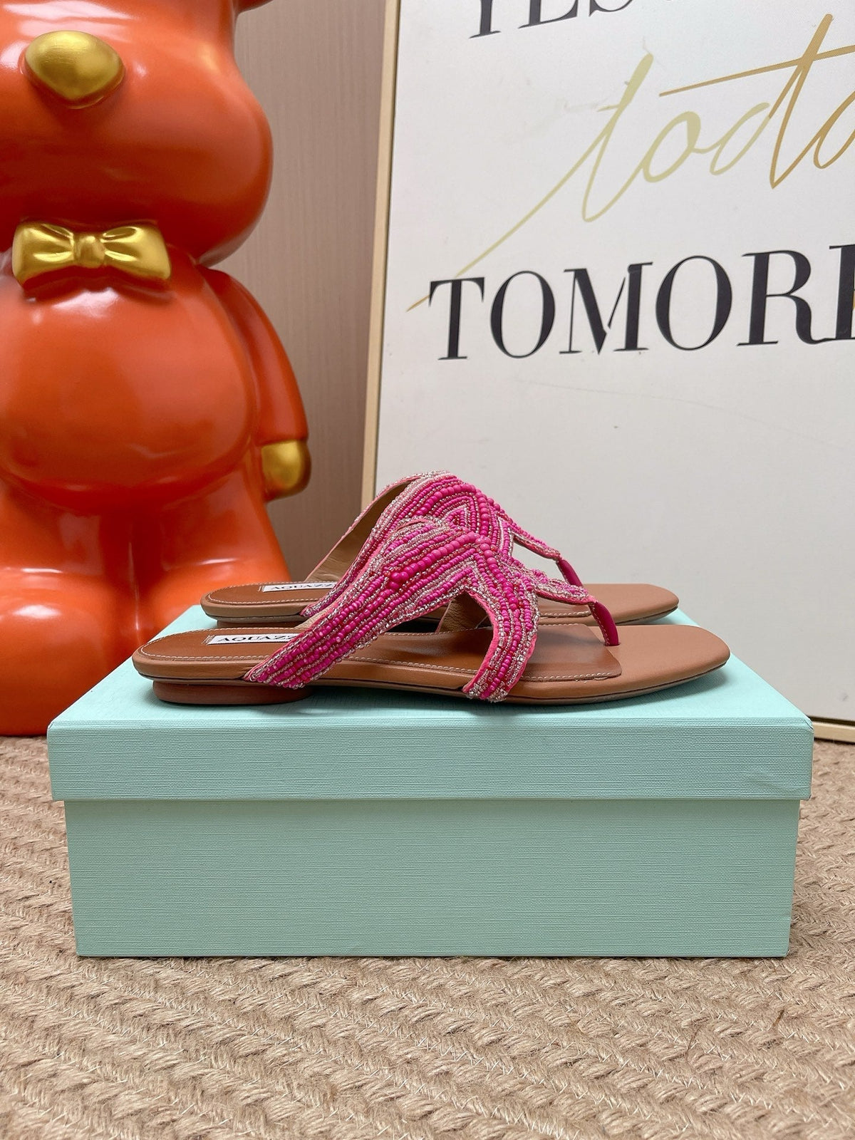 Aquazzura 26s Starfish Beaded Thong Sandals Pink And Brown Lambskin 839205
