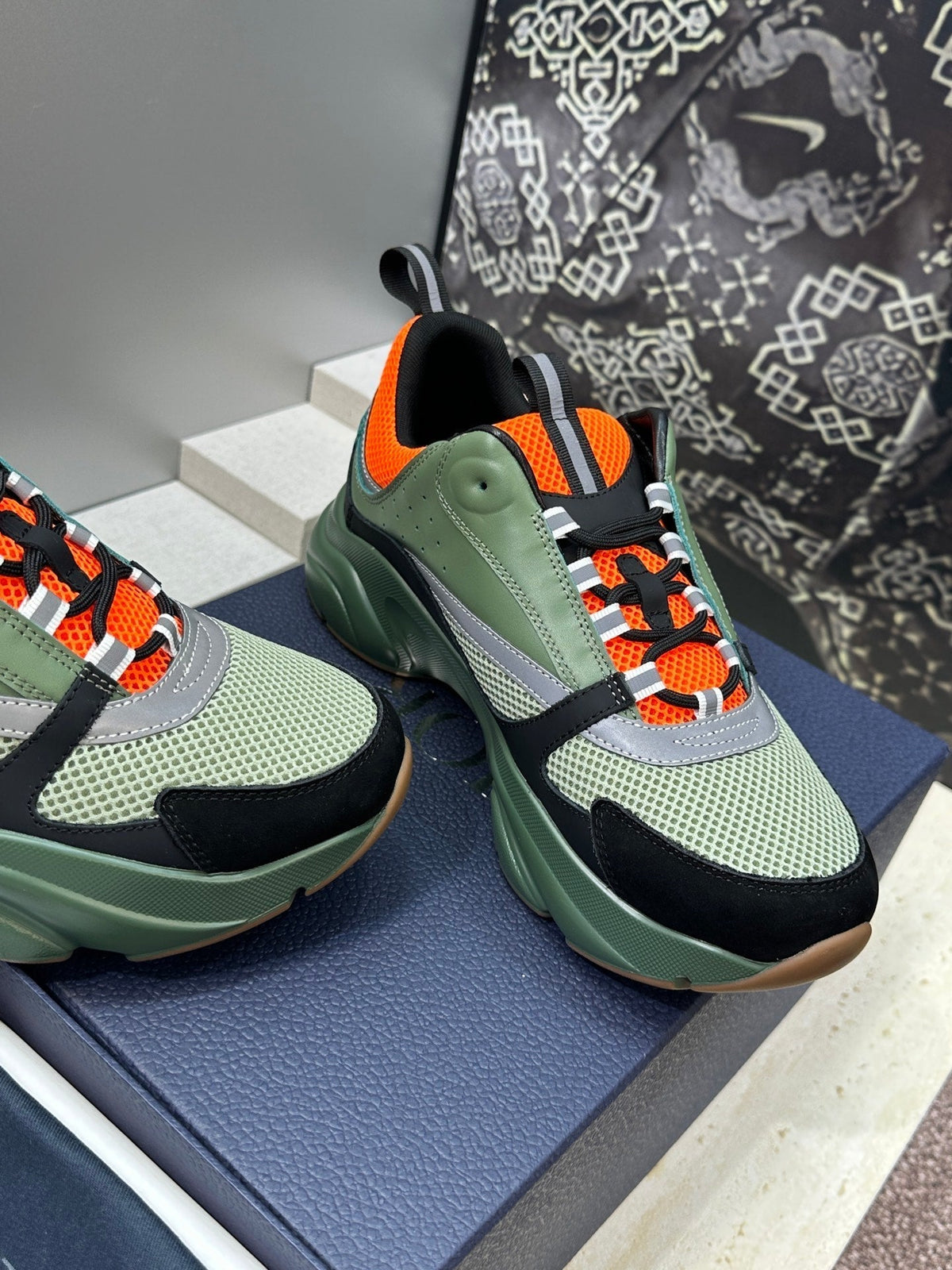 CD 26s Men B22 Sneakers Khaki Green Light Green Mesh Orange Trim 825104