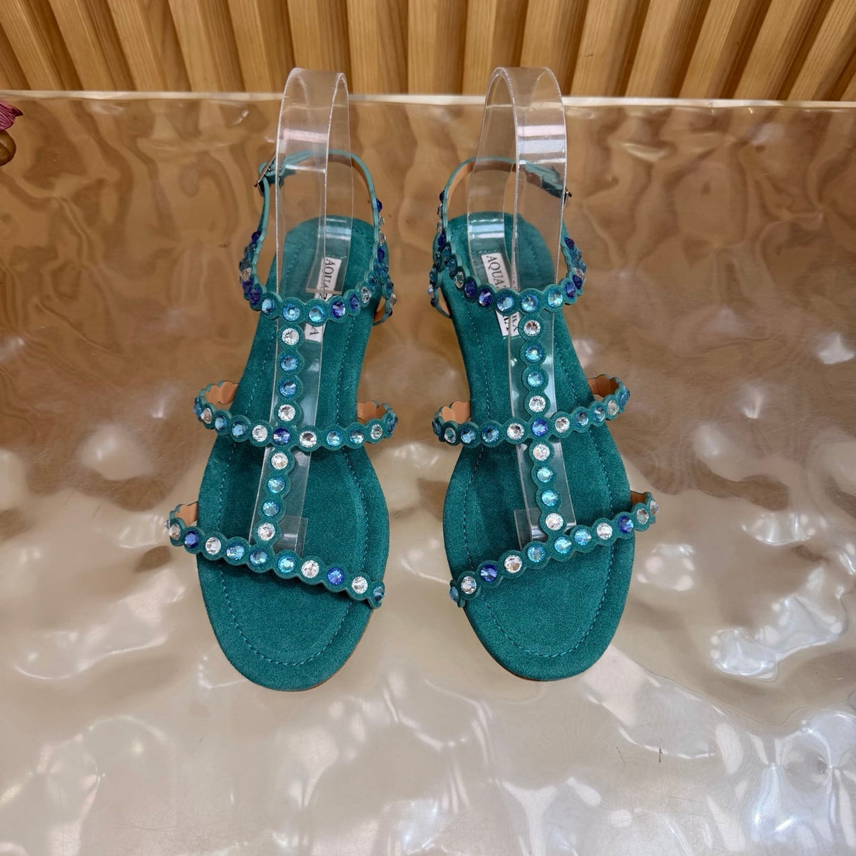 Aquazzura 26s Flat Sandals Teal Green Suede Crystal Embellished 615934