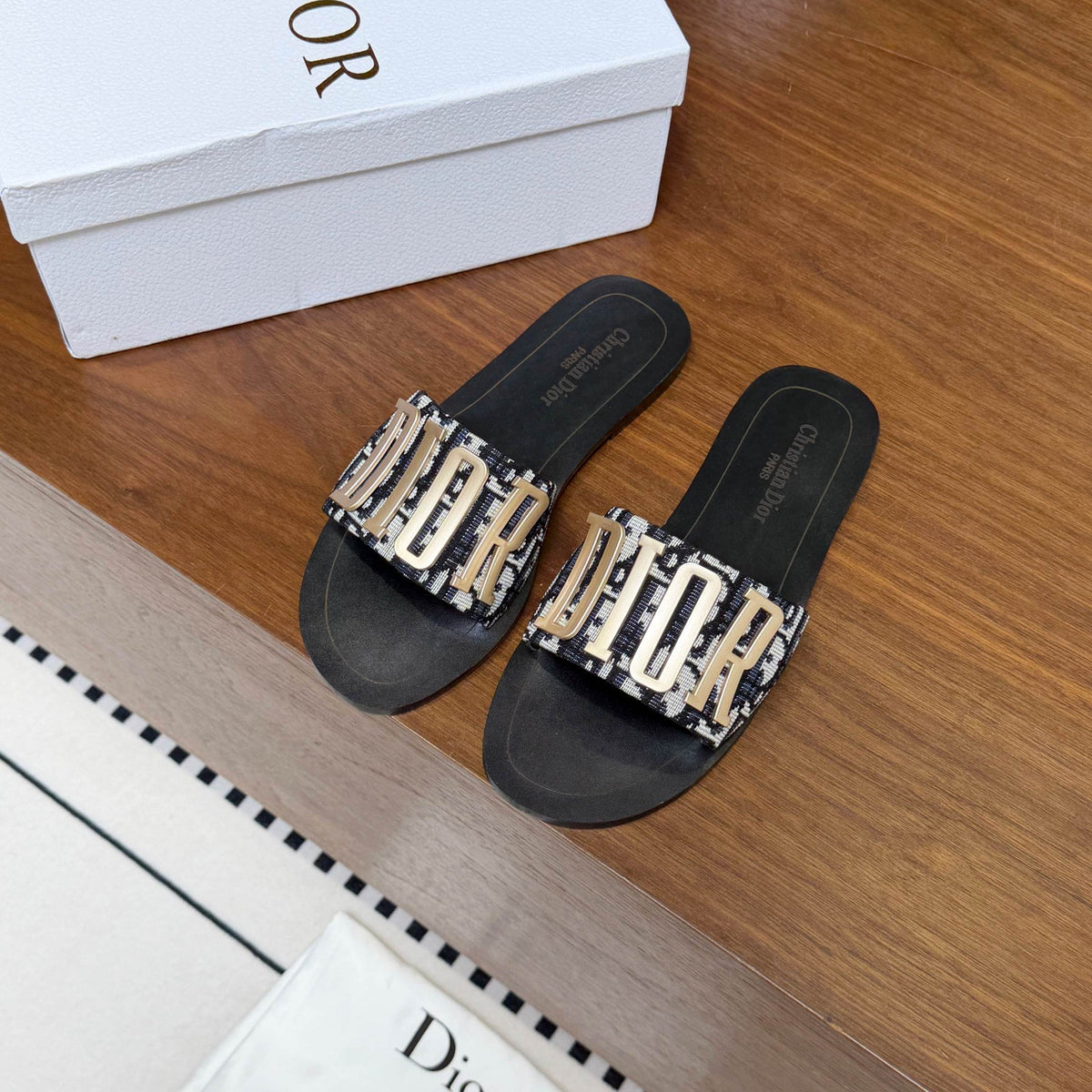 CD 26s D Way Slide Black Dior Oblique Embroidered Cotton With Gold Hardware 395182