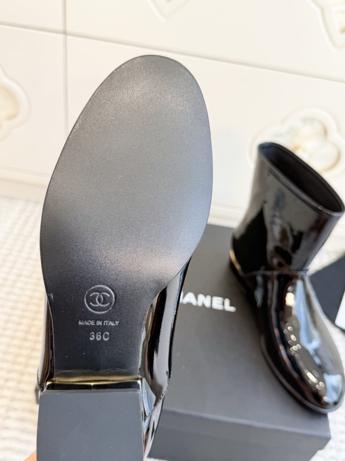 Chanel 26s Short Boots Black Patent Leather