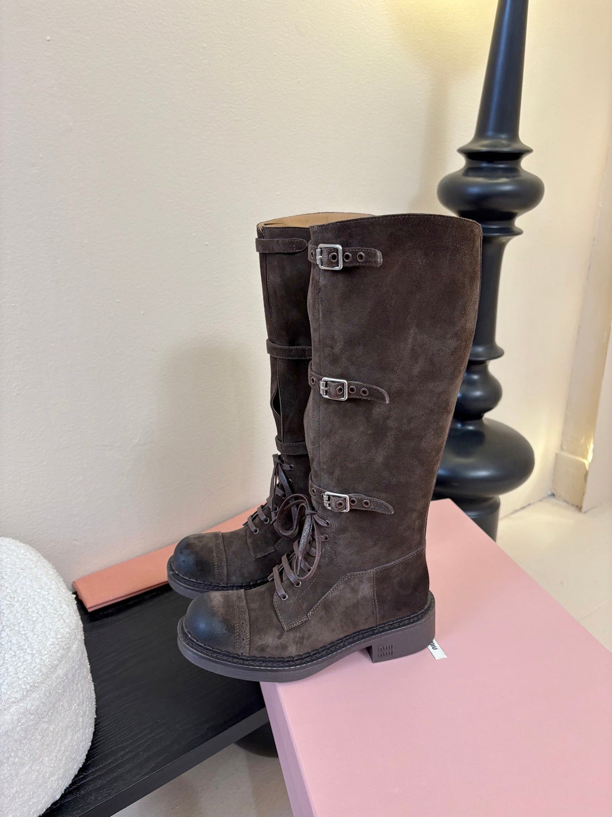 Miumiu 25s Army Boots Dark Brown Suede