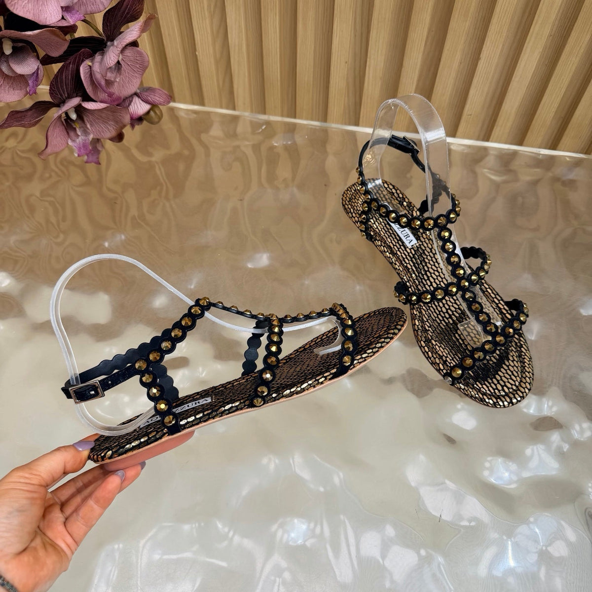 Aquazzura 26s Flat Sandals Bronze Metallic Snakeskin Crystal Embellished 739415