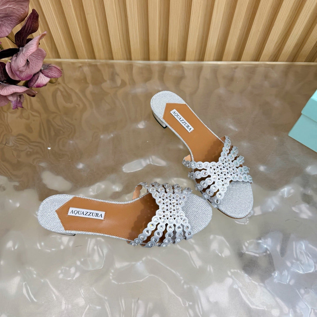 Aquazzura 26s Slides Silver Lurex Fabric 839214