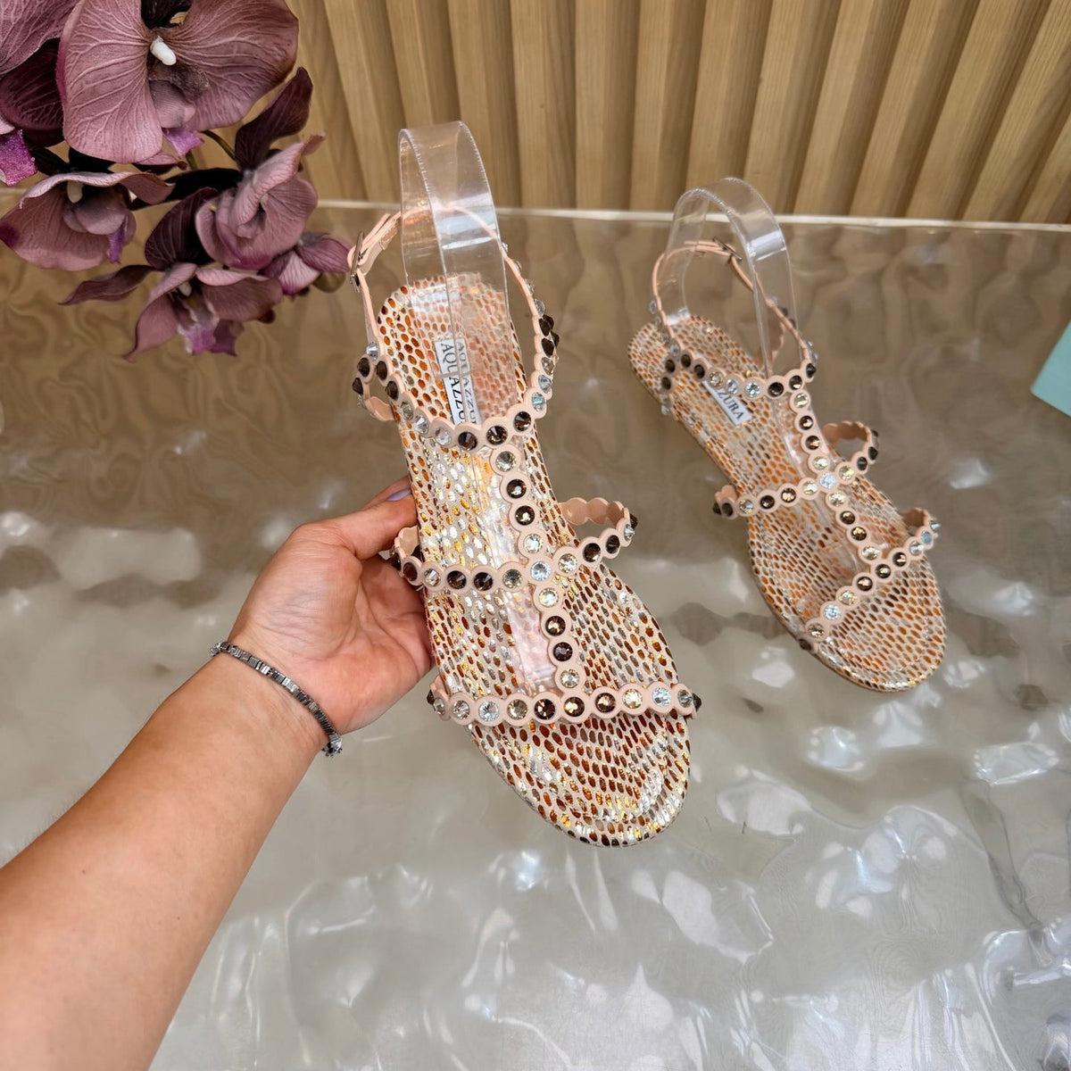 Aquazzura 26s Flat Sandals Beige Snakeskin Crystal Embellished 481953
