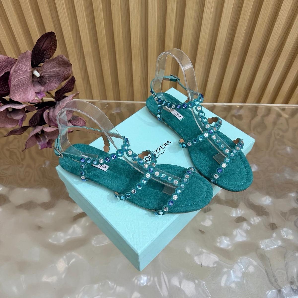 Aquazzura 26s Flat Sandals Teal Green Suede Crystal Embellished 615934