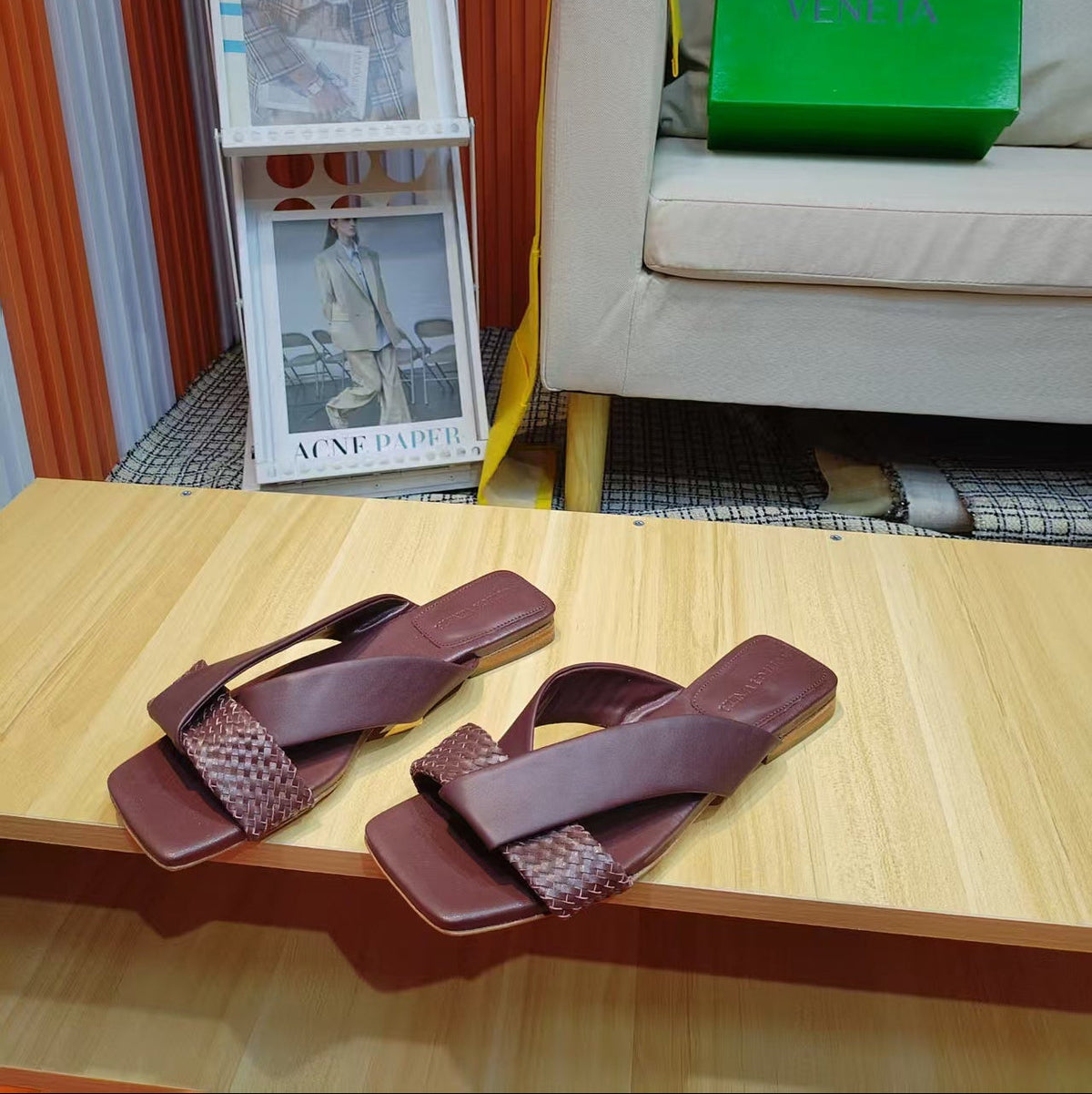 BV Riva Sandals Flat Woven Burgundy Leather 139878