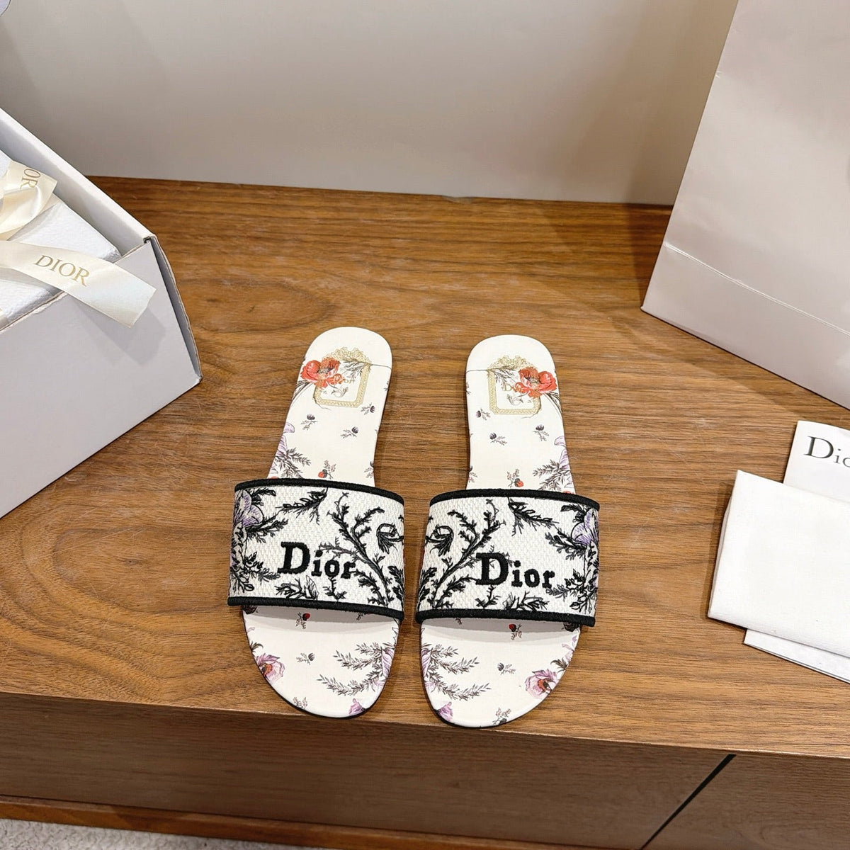 CD 26s Flat Slide Sandals Multicolor Embroidered Canvas 429185