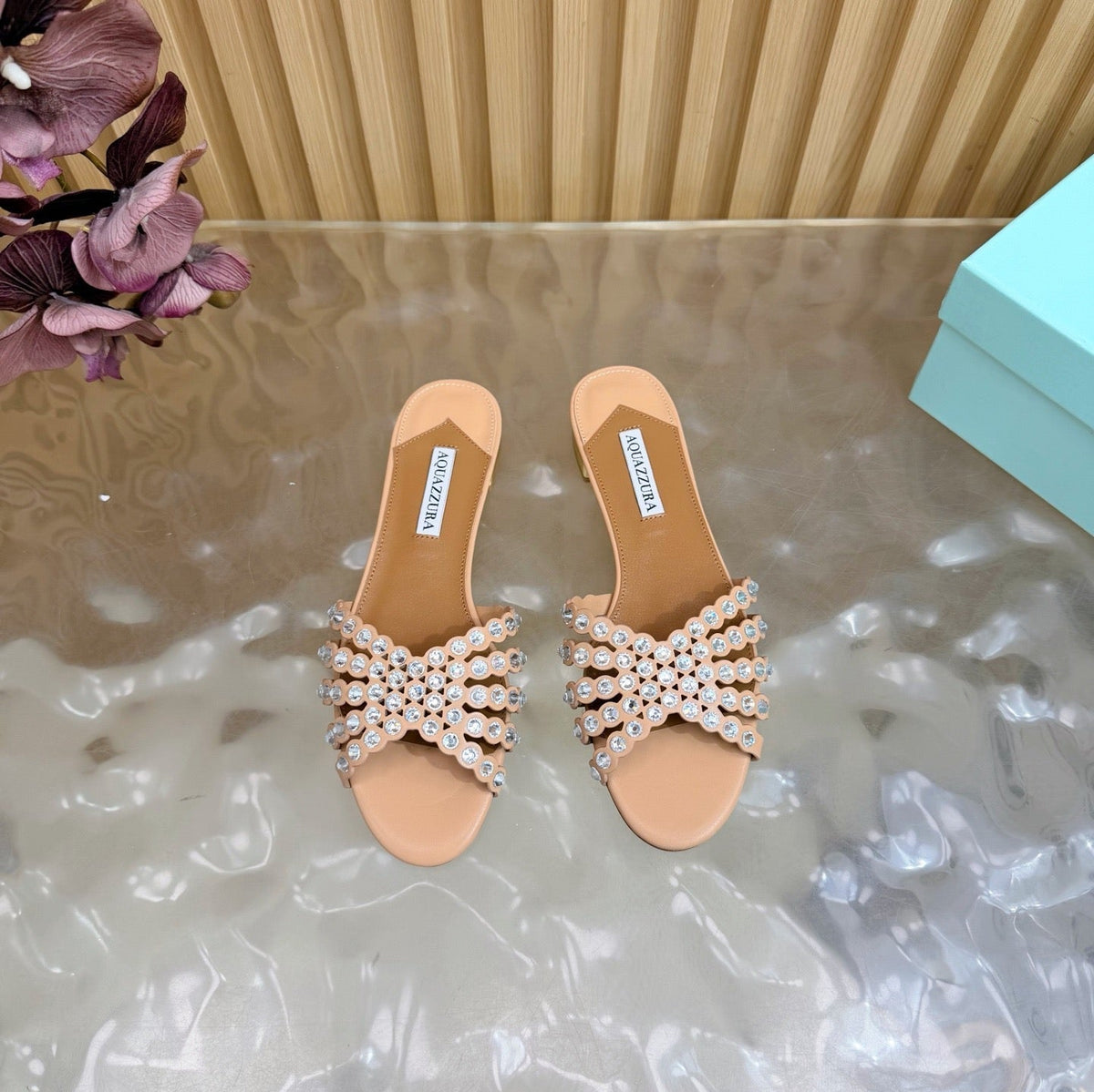 Aquazzura 26s Slides Nude Calfskin Crystal-Embellished Straps 582049