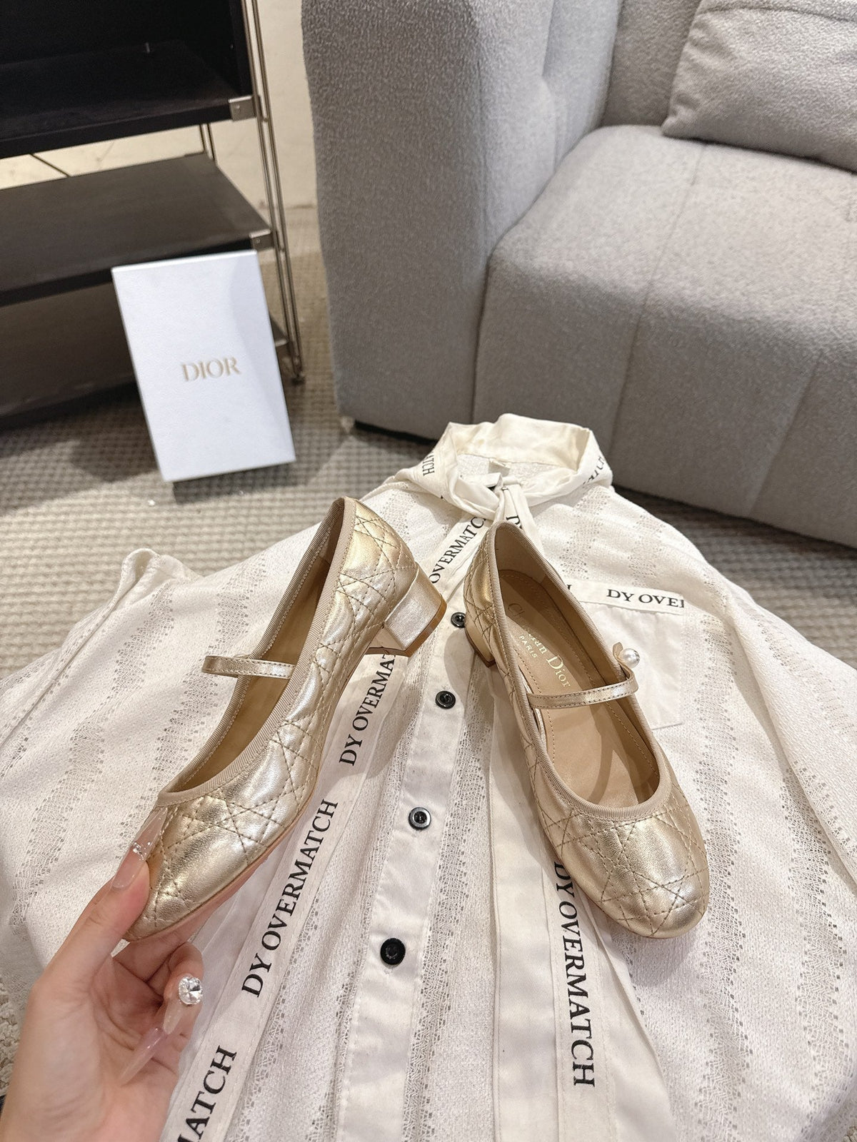 Dior 26s Mary Jane Pumps Gold Lambskin Pearl-Adorned Strap