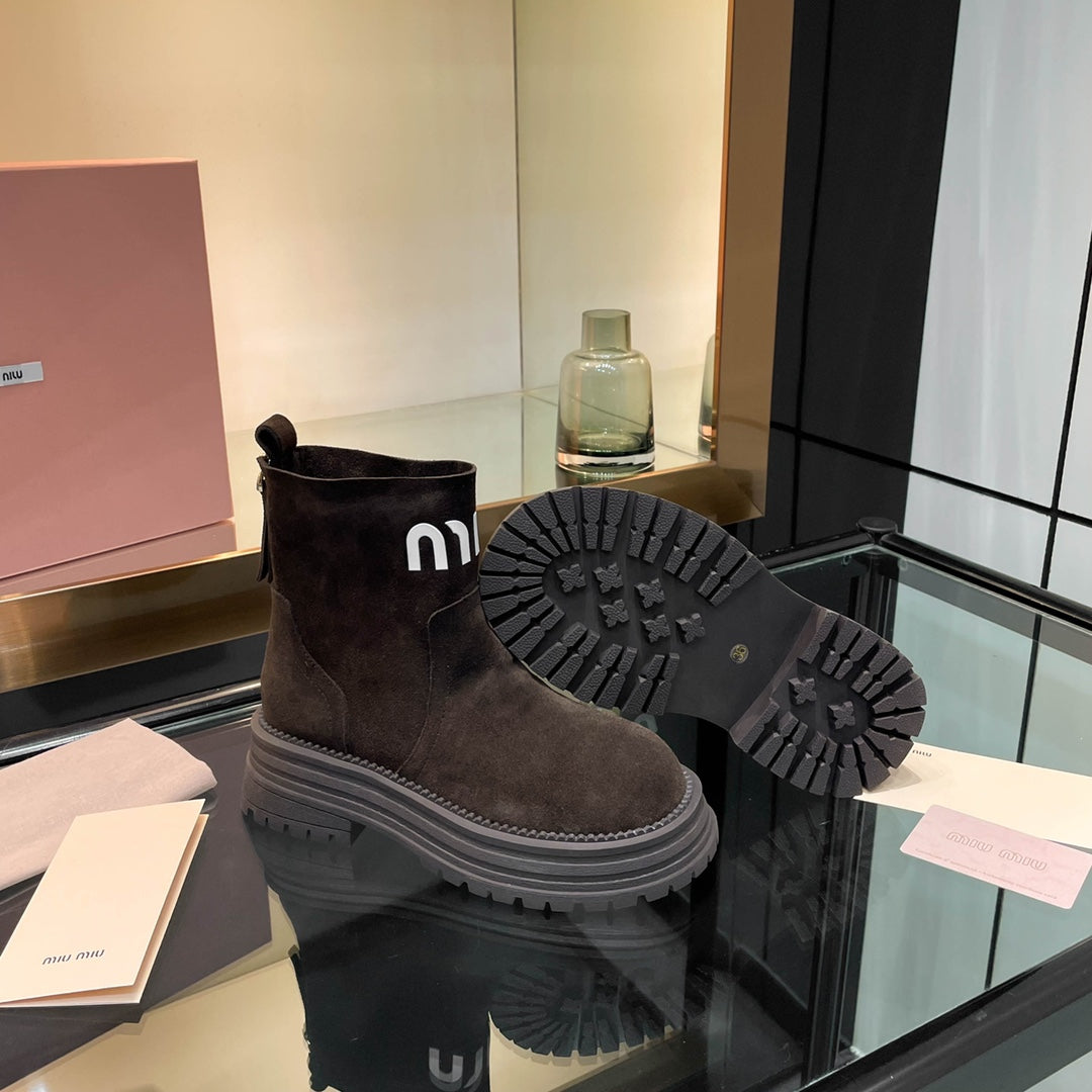 Miumiu 26s Logo Chunky Ankle Boots Dark Brown Suede