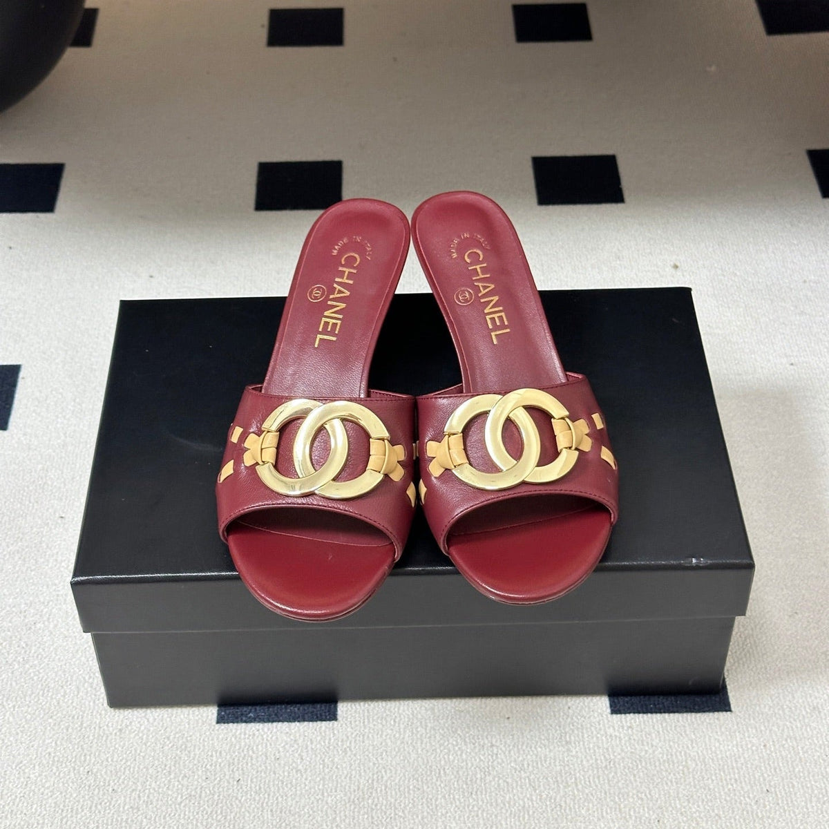 CC 26S High Heel Mule in Red Lambskin with Gold-Tone CC Logo