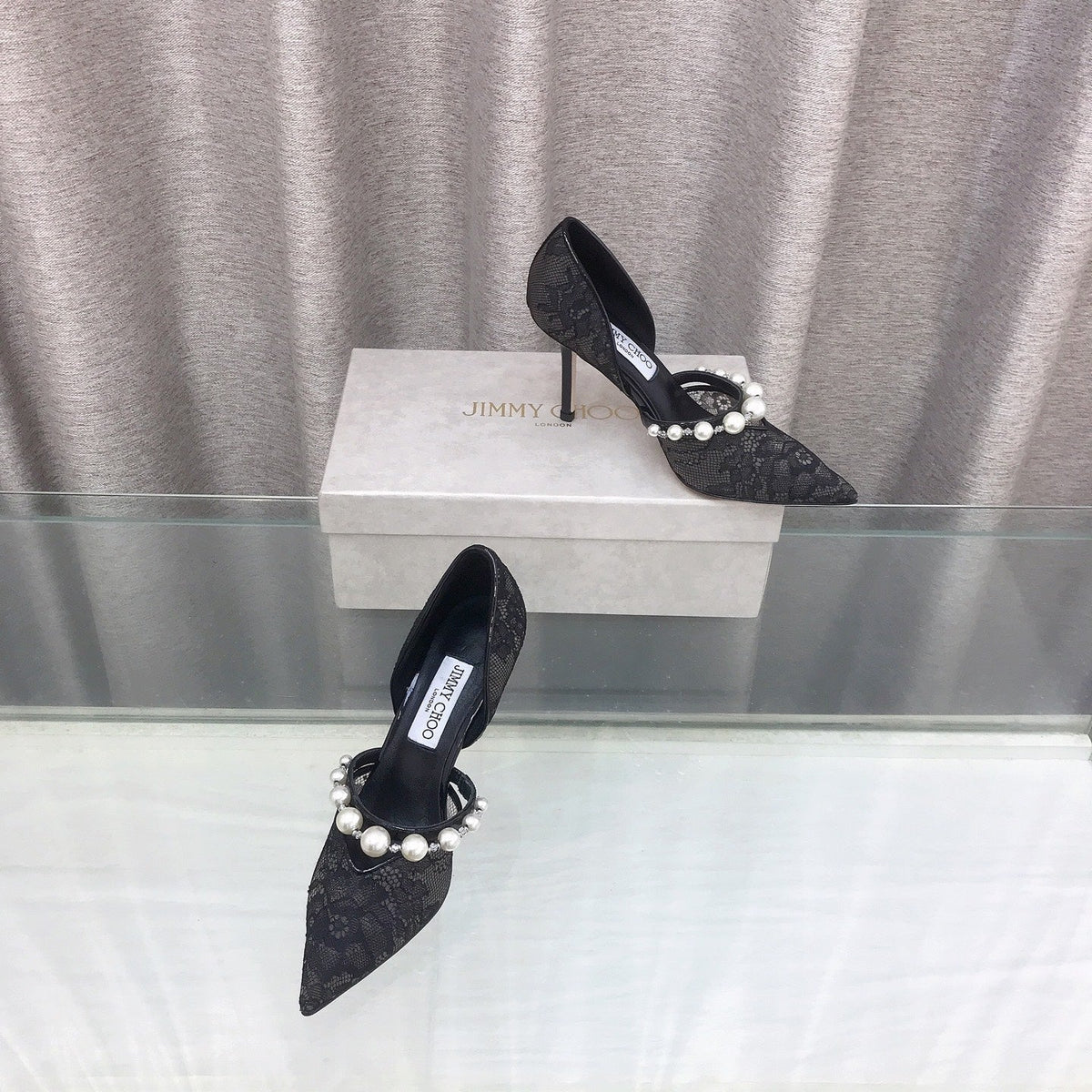 Jimmy Choo 26S High Heels 8.5cm Black Lace Pearl-Embellished 824195