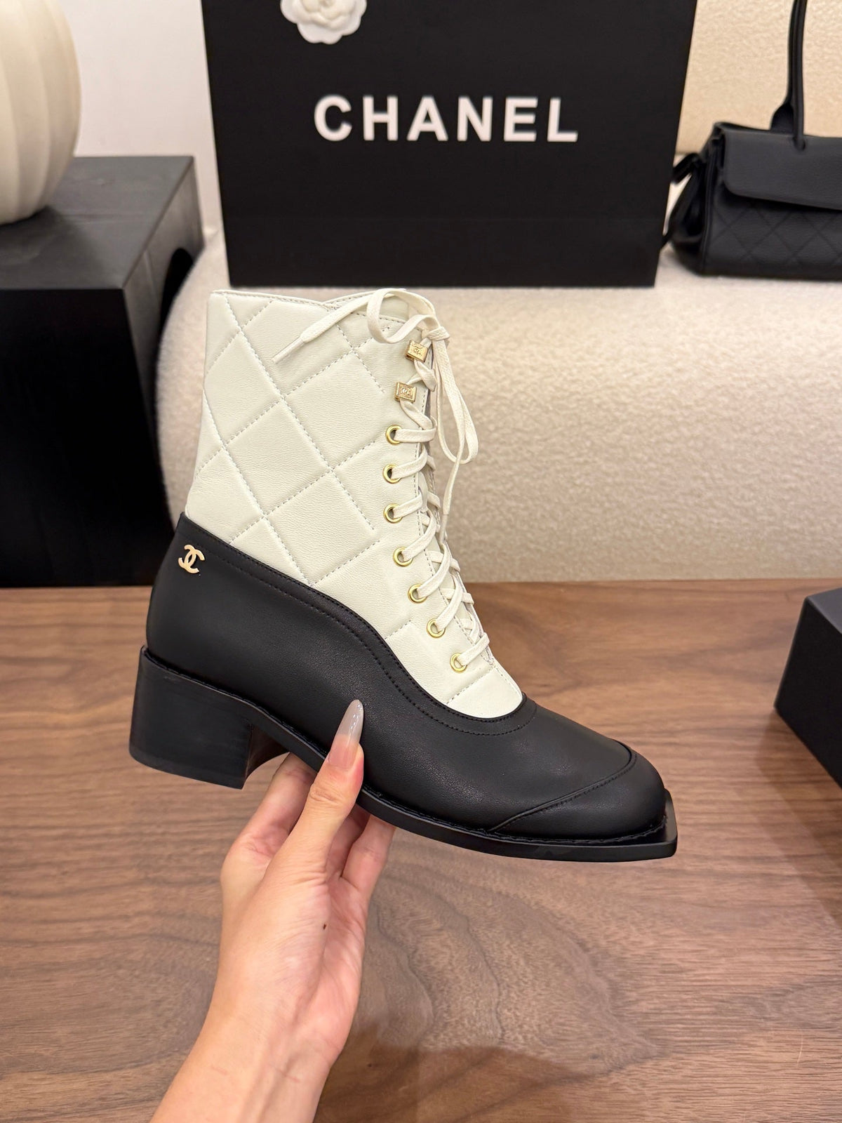 Chanel 26s Lace Up High Top Boots 4.5 Cm Black White Calfskin
