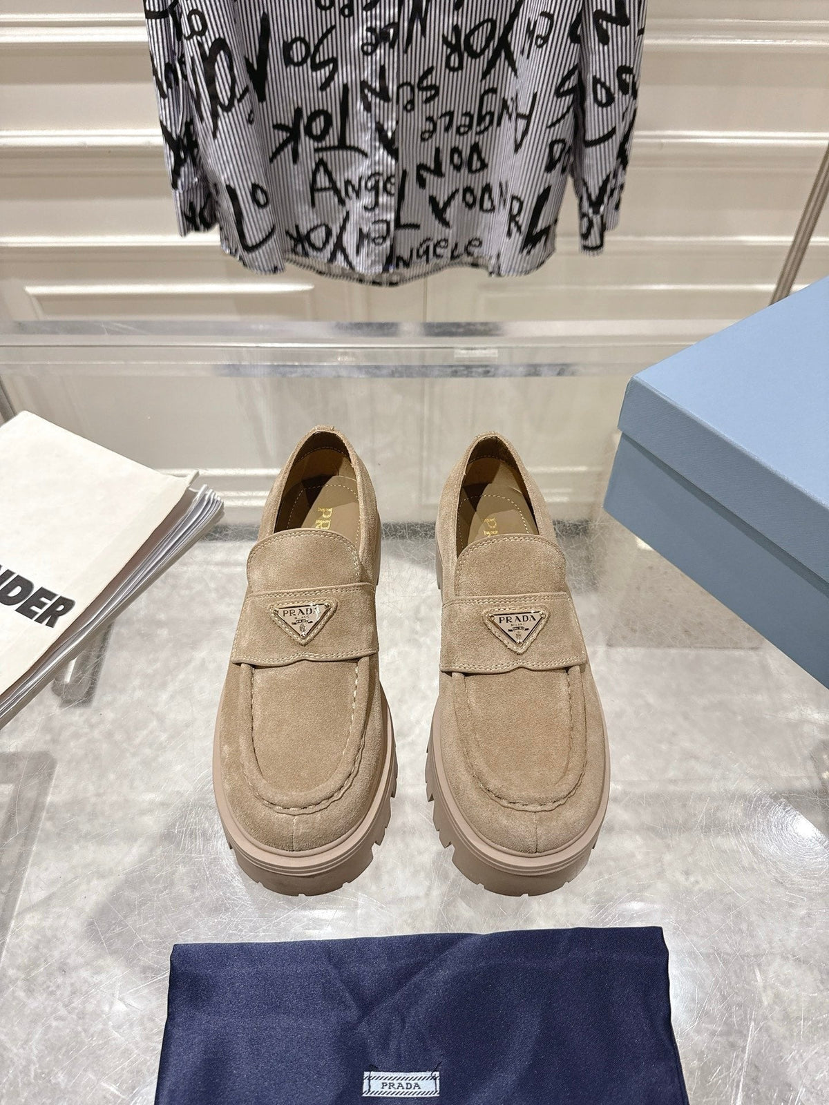 Prada 26S Platform Loafers 45mm Beige Suede