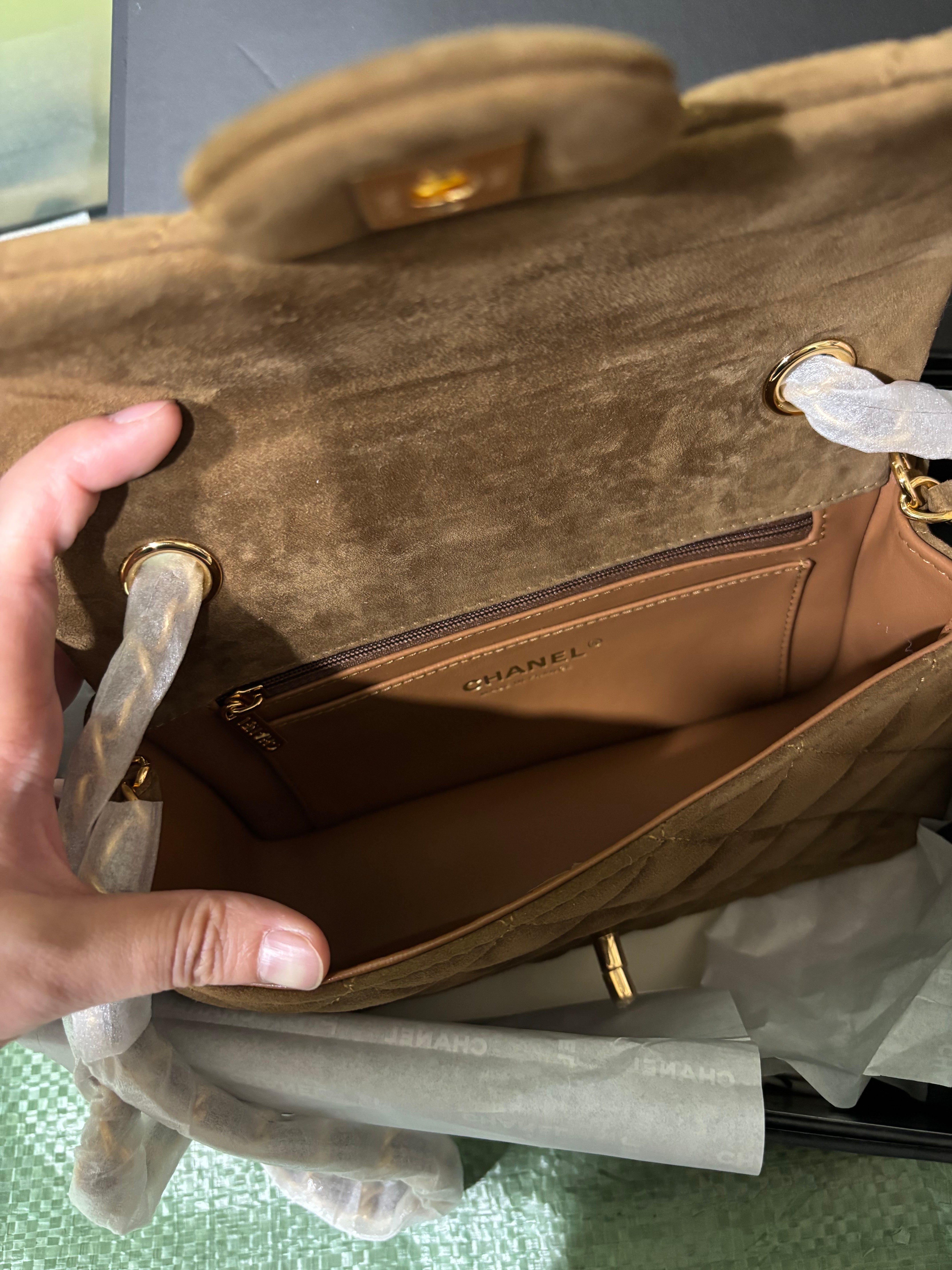 Classic Flap Bag 20cm Brown Suede Gold Hardware