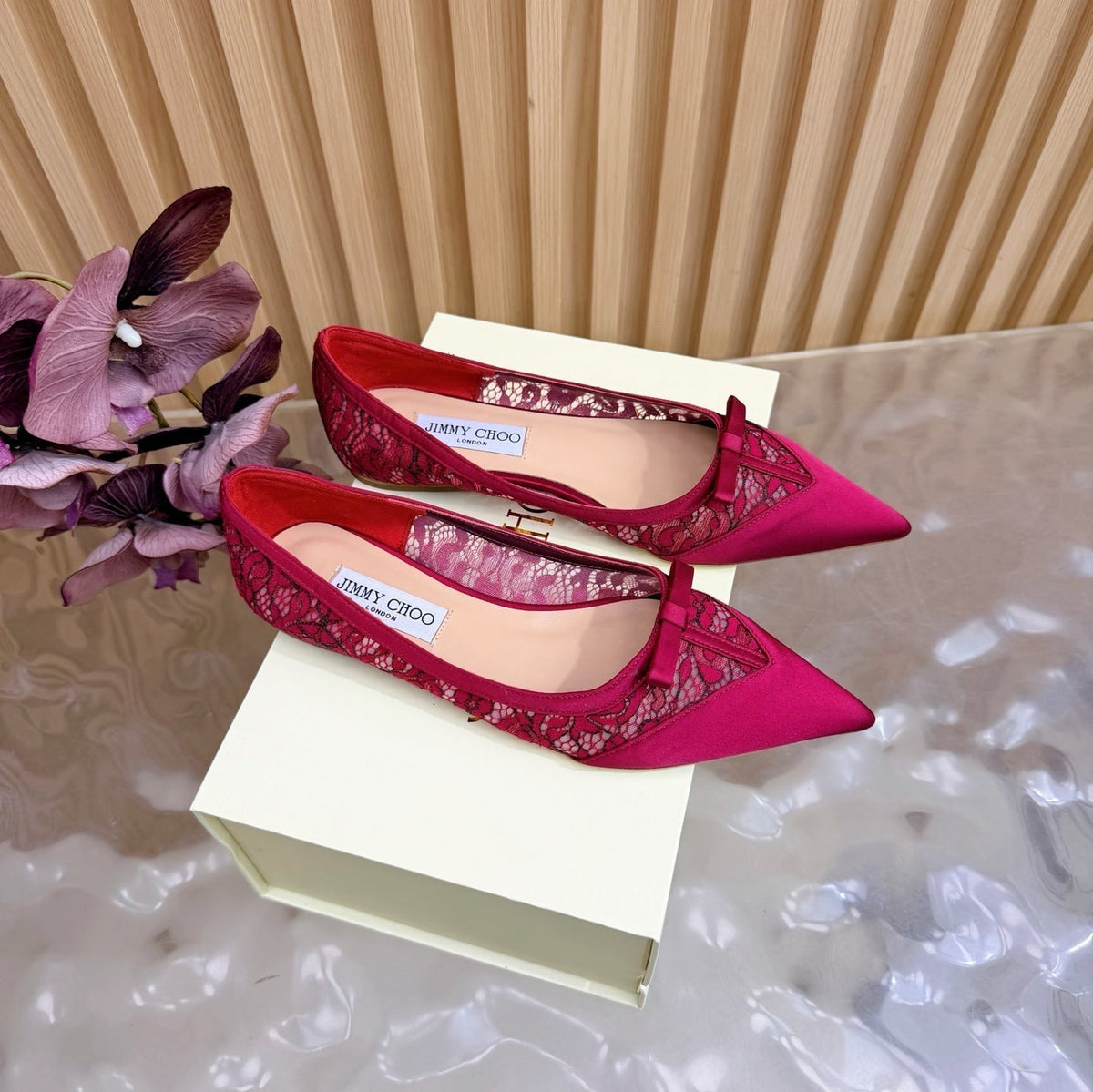 Jimmy Choo 26S Flats Red Lace And Satin 718324