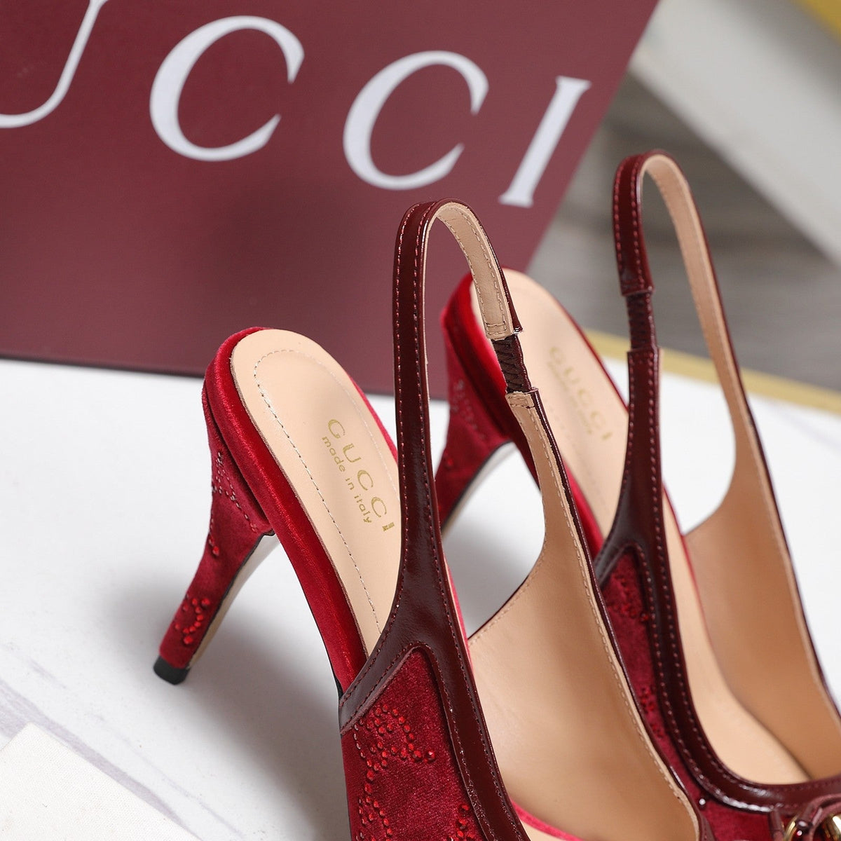 Gucci 26s Slingback Pumps 10cm Dark Red Velvet Gold Hardware With Bow